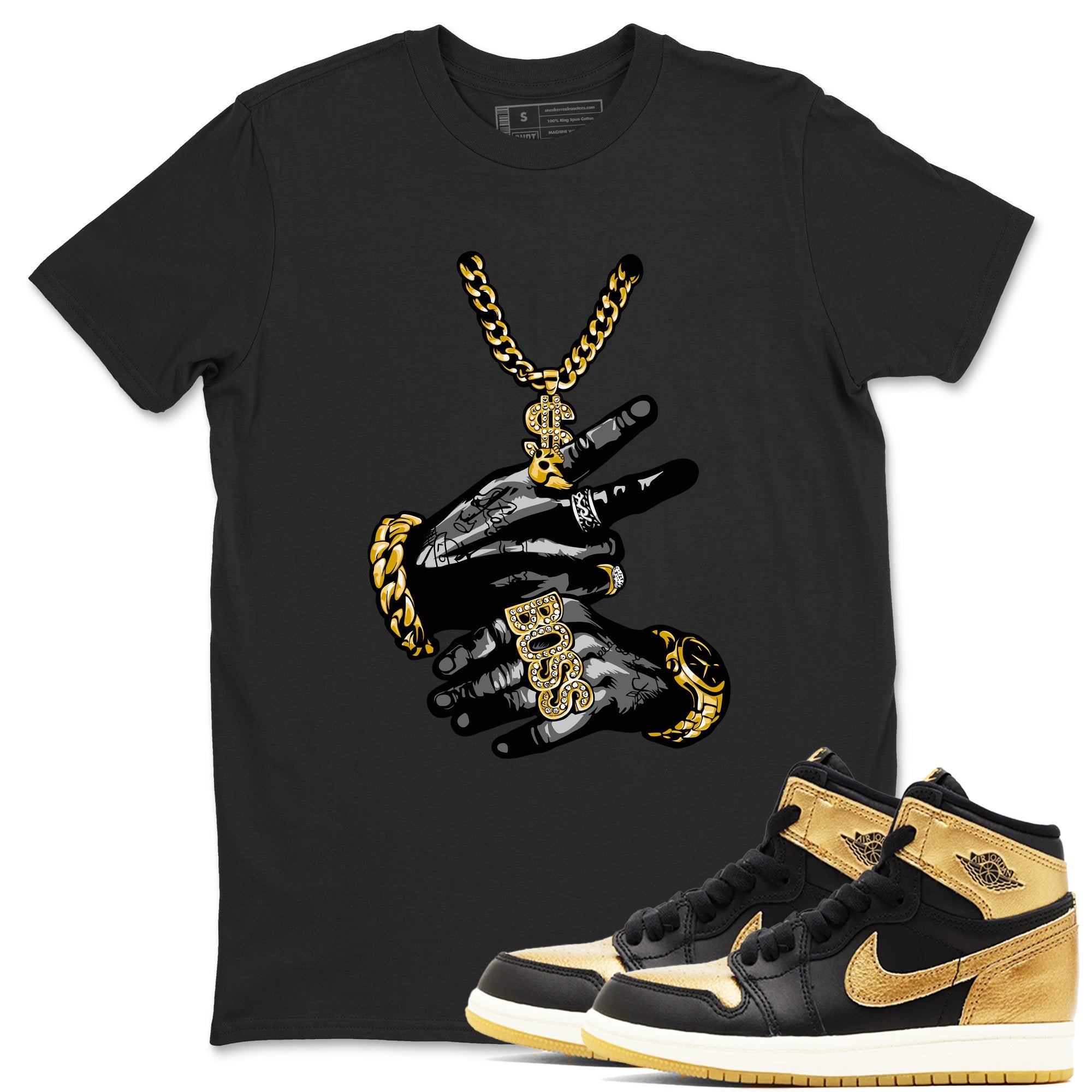 Air Jordan 1 High OG Black Metallic Gold shirts to match jordans Tatto Hands sneaker match tees Air Jordan 1 Retrp Black Metallic Gold Sneaker Shirts Drip Gear Zone streetwear brand Black 1 unisex cotton tee
