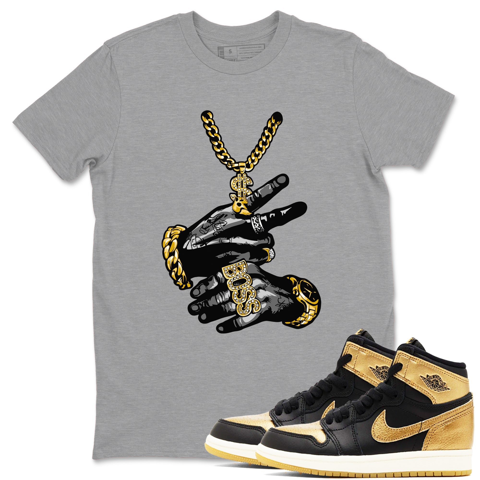 Air Jordan 1 High OG Black Metallic Gold shirts to match jordans Tatto Hands sneaker match tees Air Jordan 1 Retrp Black Metallic Gold Sneaker Shirts Drip Gear Zone streetwear brand Heather Grey 1 unisex cotton tee