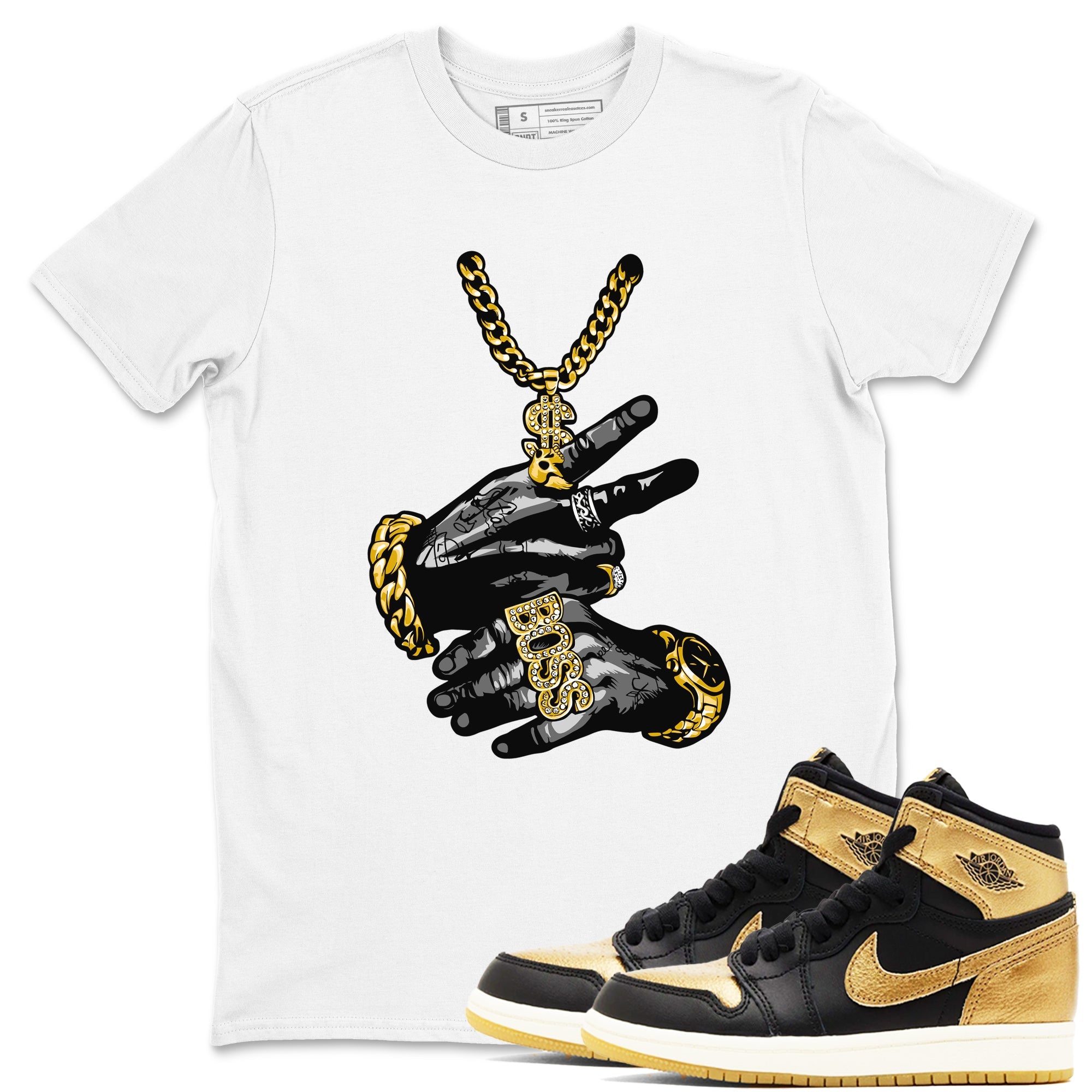 Air Jordan 1 High OG Black Metallic Gold shirts to match jordans Tatto Hands sneaker match tees Air Jordan 1 Retrp Black Metallic Gold Sneaker Shirts Drip Gear Zone streetwear brand White 1 unisex cotton tee