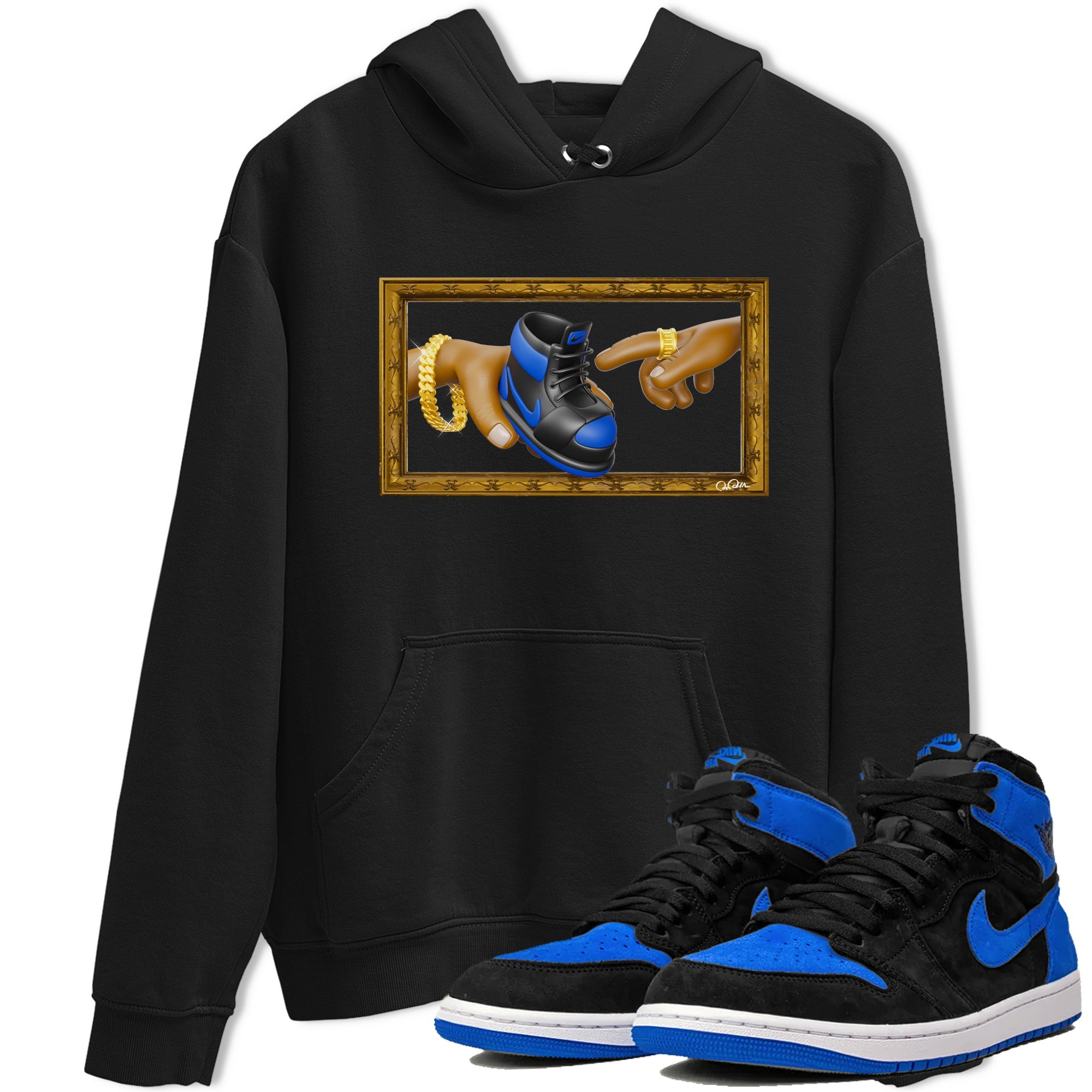 Air Jordan 1 Royal Reimagined shirt to match jordans The Creation of Adam sneaker tees AJ1 Royal Reimagined Drip Gear Zone Unisex Black 1 T-Shirt