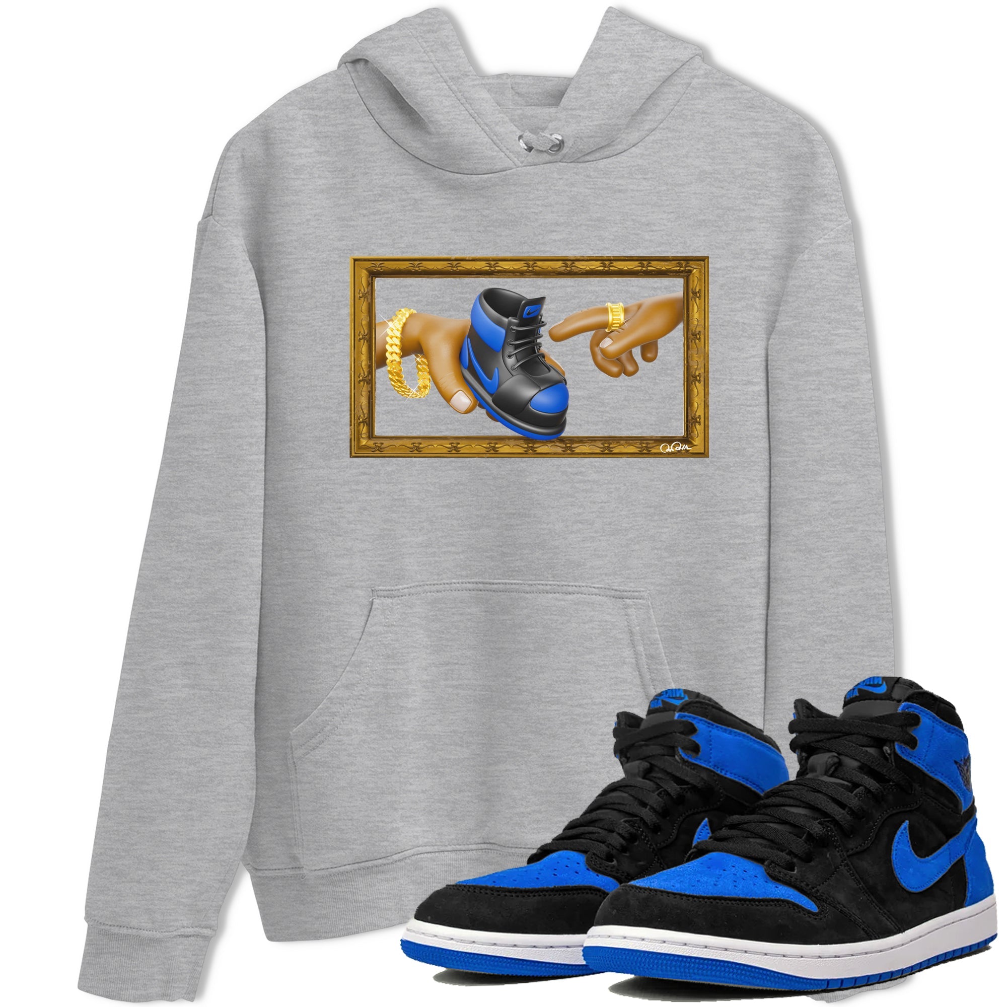Air Jordan 1 Royal Reimagined shirt to match jordans The Creation of Adam sneaker tees AJ1 Royal Reimagined Drip Gear Zone Unisex Heather Grey 1 T-Shirt