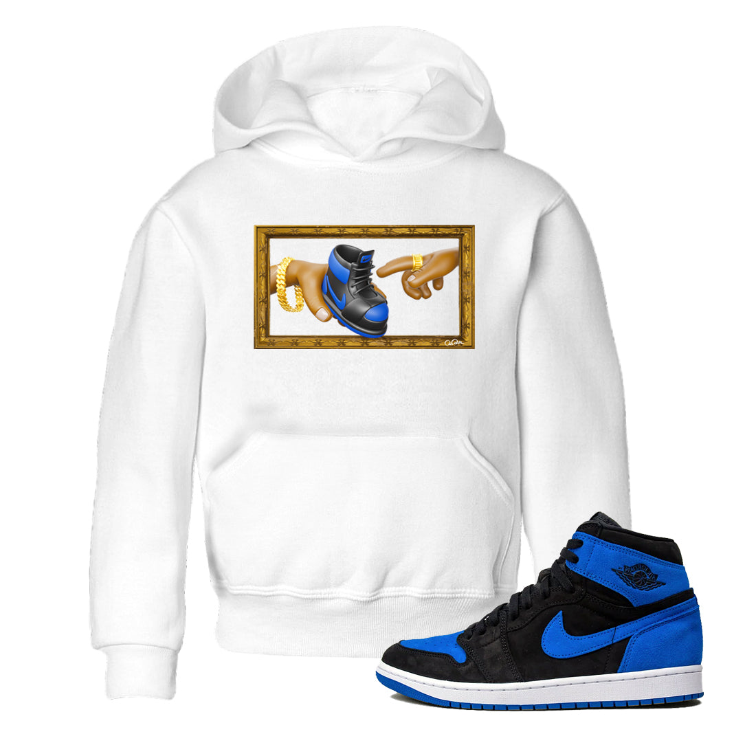 Air Jordan 1 Royal Reimagined shirt to match jordans The Creation of Adam sneaker tees AJ1 Royal Reimagined Drip Gear Zone Baby Toddler White 1 T-Shirt