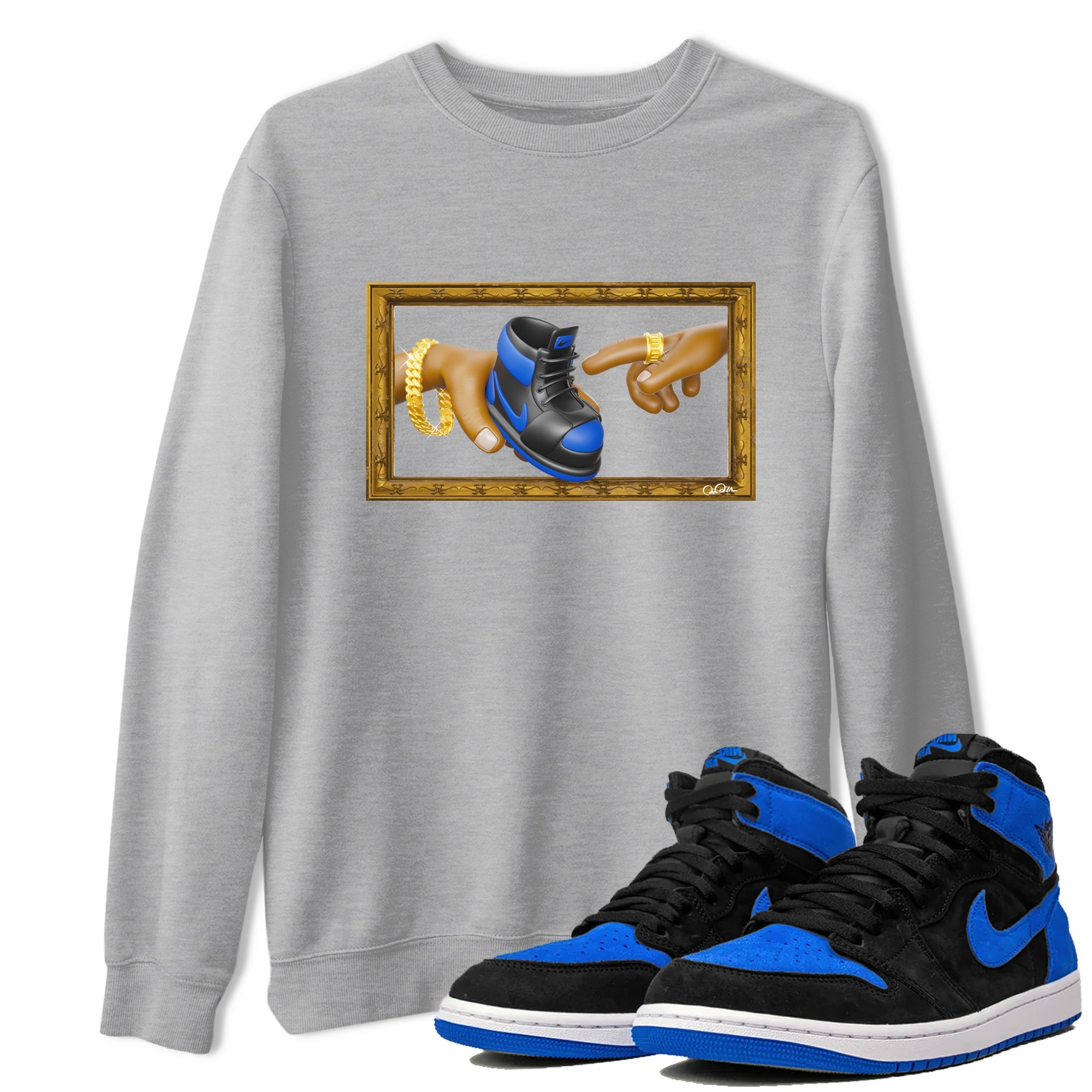 Air Jordan 1 Royal Reimagined shirt to match jordans The Creation of Adam sneaker tees AJ1 Royal Reimagined Drip Gear Zone Unisex Heather Grey 1 T-Shirt