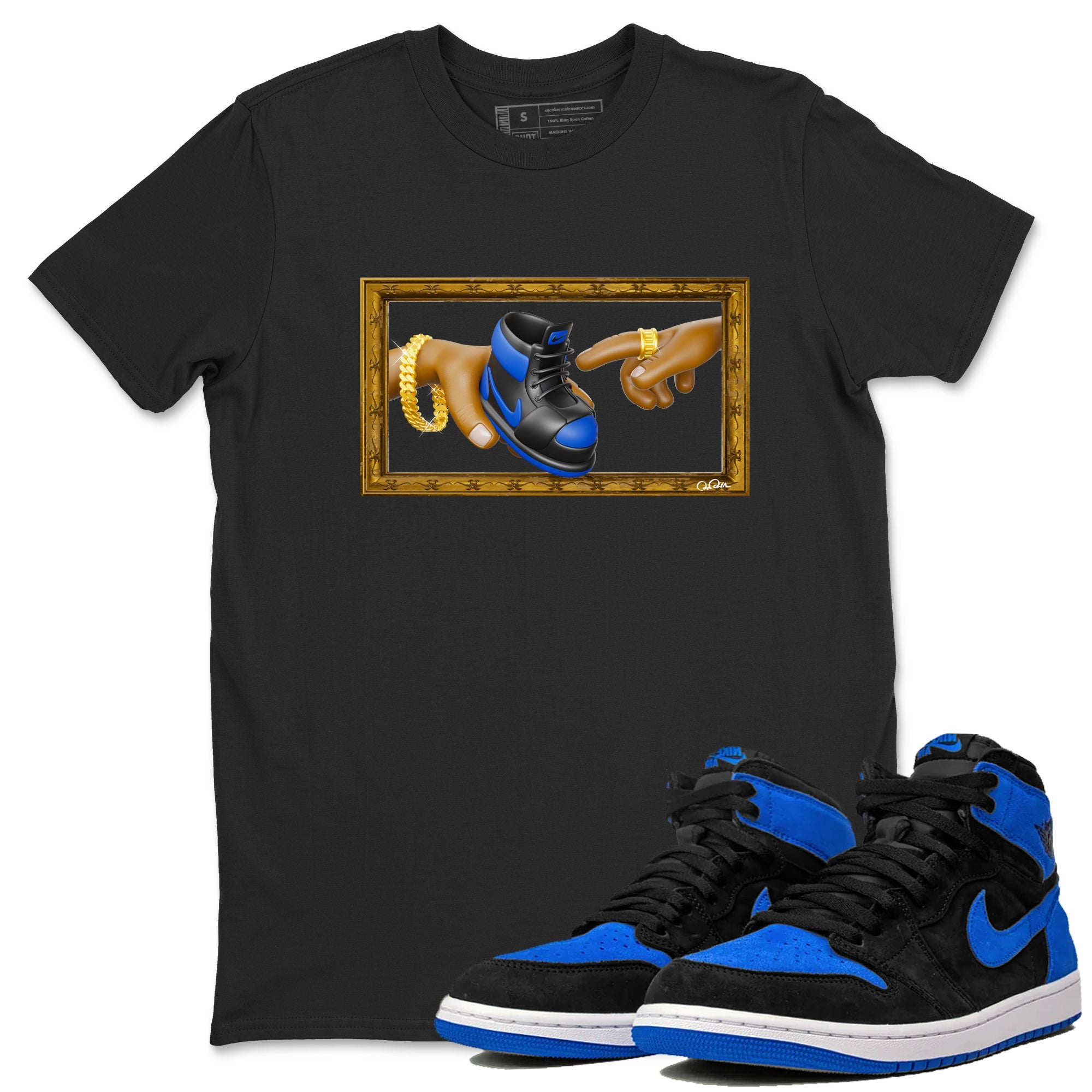 Air Jordan 1 Royal Reimagined shirt to match jordans The Creation of Adam sneaker tees AJ1 Royal Reimagined Drip Gear Zone Unisex Black 1 T-Shirt