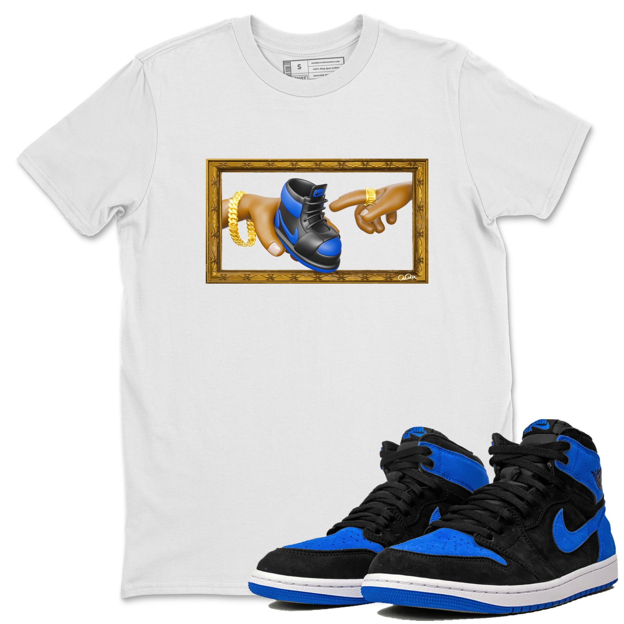 Air Jordan 1 Royal Reimagined shirt to match jordans The Creation of Adam sneaker tees AJ1 Royal Reimagined Drip Gear Zone Unisex White 1 T-Shirt