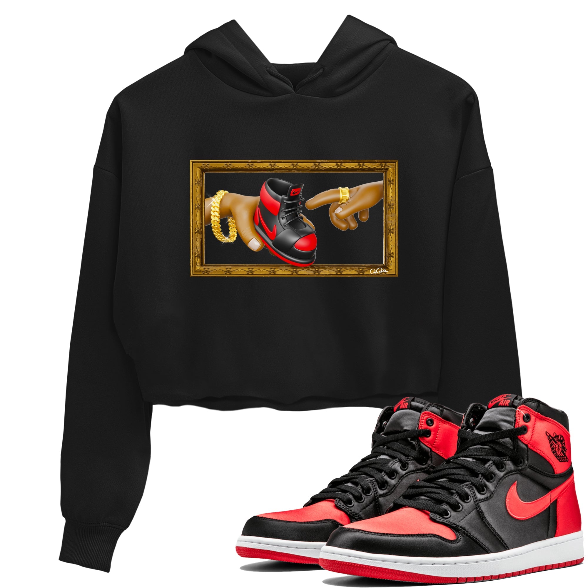 Air Jordan 1 Satin Bred shirt to match jordans The Creation of Adam sneaker tees AJ1 Satin Bred Drip Gear Zone Black 1 Crop T-Shirt