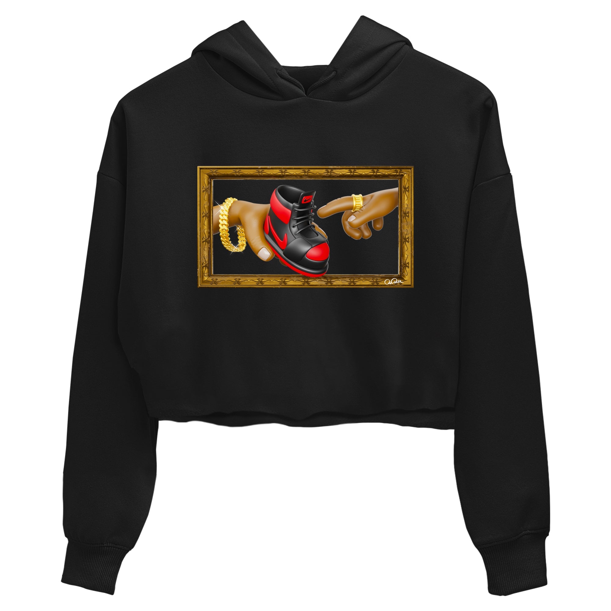 Air Jordan 1 Satin Bred shirt to match jordans The Creation of Adam sneaker tees AJ1 Satin Bred Drip Gear Zone Black 2 Crop T-Shirt