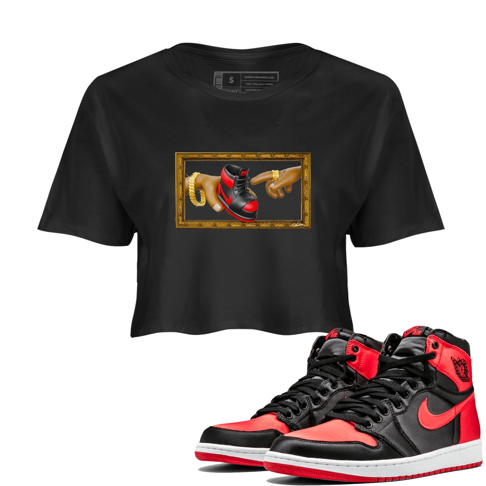 Air Jordan 1 Satin Bred shirt to match jordans The Creation of Adam sneaker tees AJ1 Satin Bred Drip Gear Zone Black 1 Crop T-Shirt