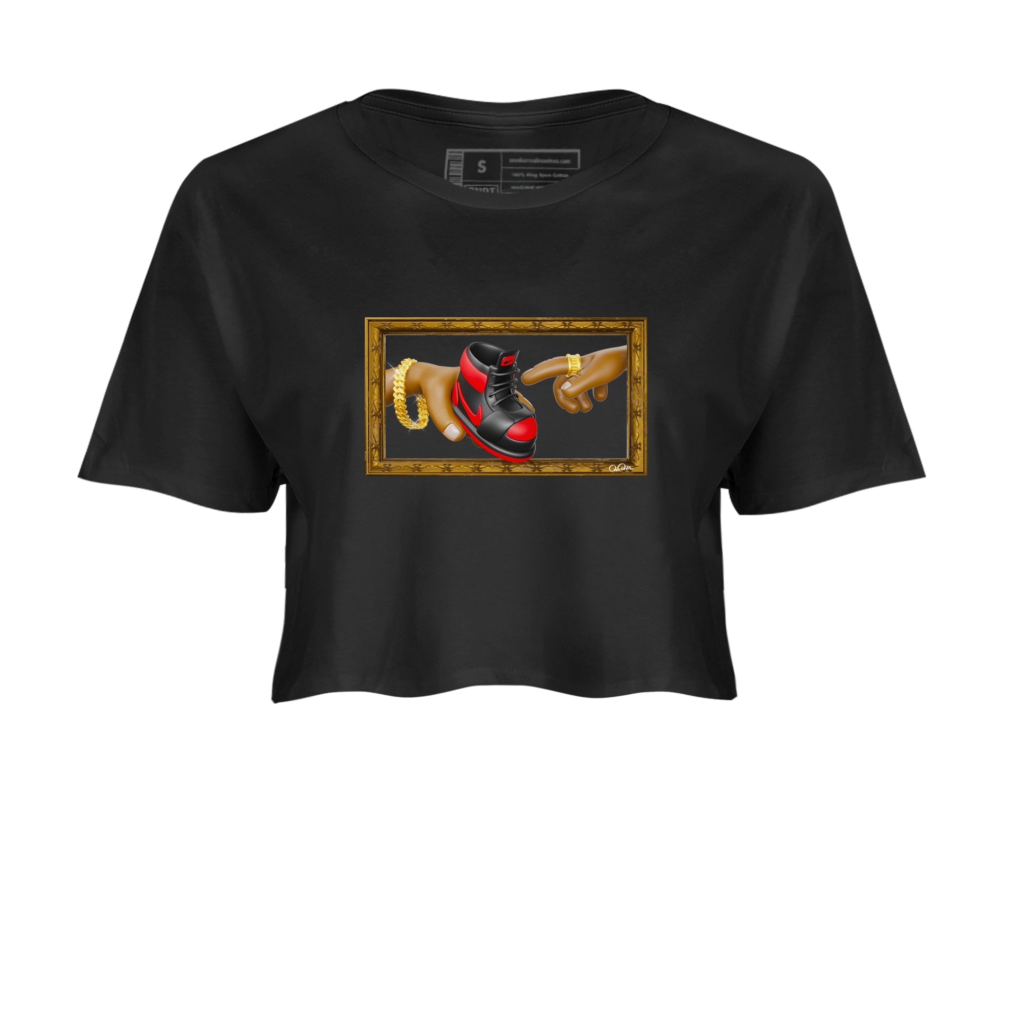 Air Jordan 1 Satin Bred shirt to match jordans The Creation of Adam sneaker tees AJ1 Satin Bred Drip Gear Zone Black 2 Crop T-Shirt