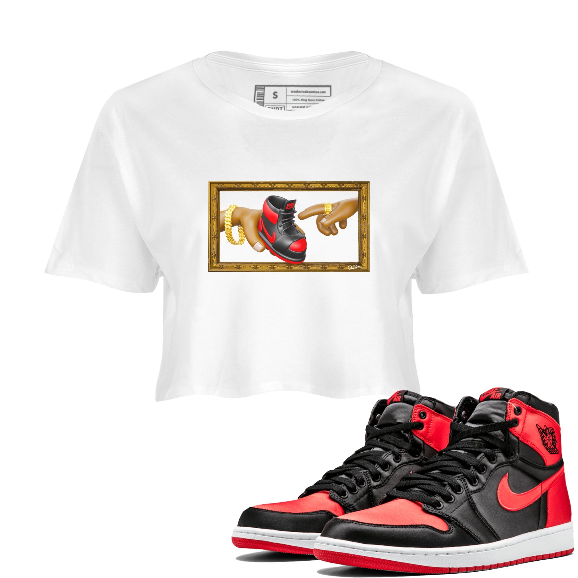 Air Jordan 1 Satin Bred shirt to match jordans The Creation of Adam sneaker tees AJ1 Satin Bred Drip Gear Zone White 1 Crop T-Shirt