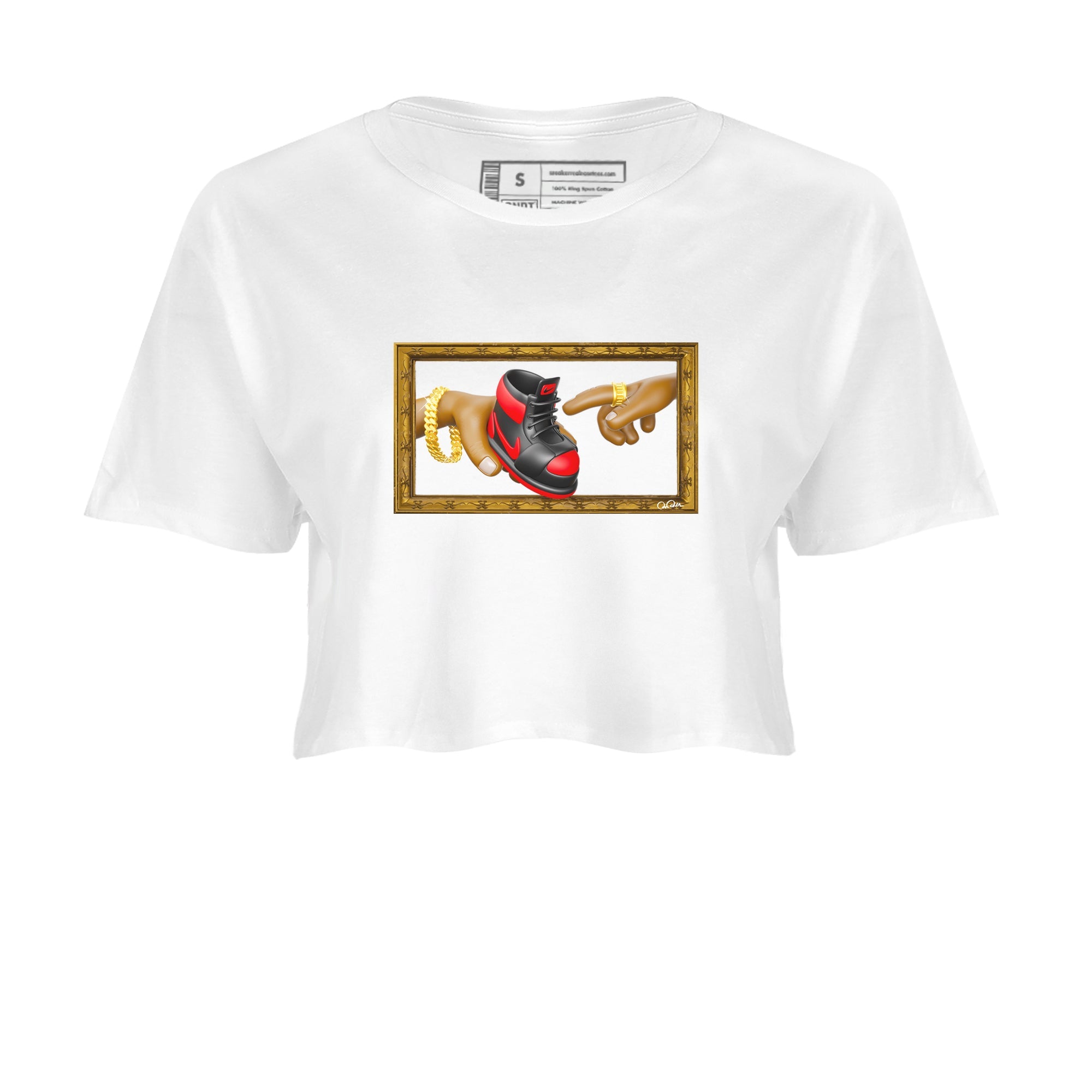 Air Jordan 1 Satin Bred shirt to match jordans The Creation of Adam sneaker tees AJ1 Satin Bred Drip Gear Zone White 2 Crop T-Shirt