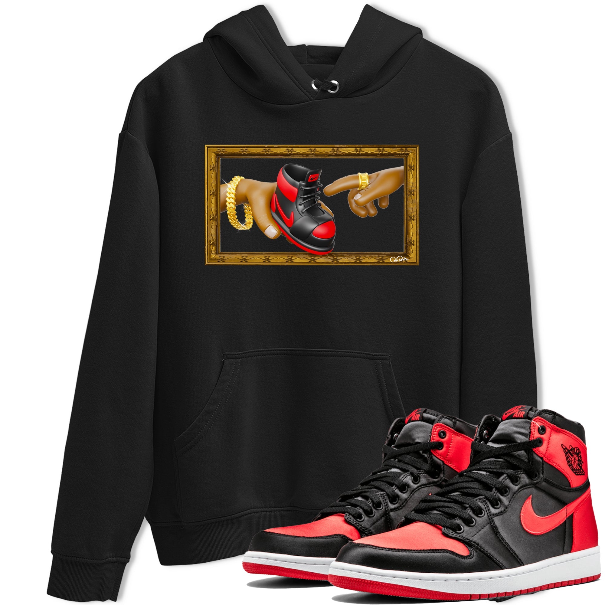 Air Jordan 1 Satin Bred shirt to match jordans The Creation of Adam sneaker tees AJ1 Satin Bred Drip Gear Zone Unisex Black 1 T-Shirt