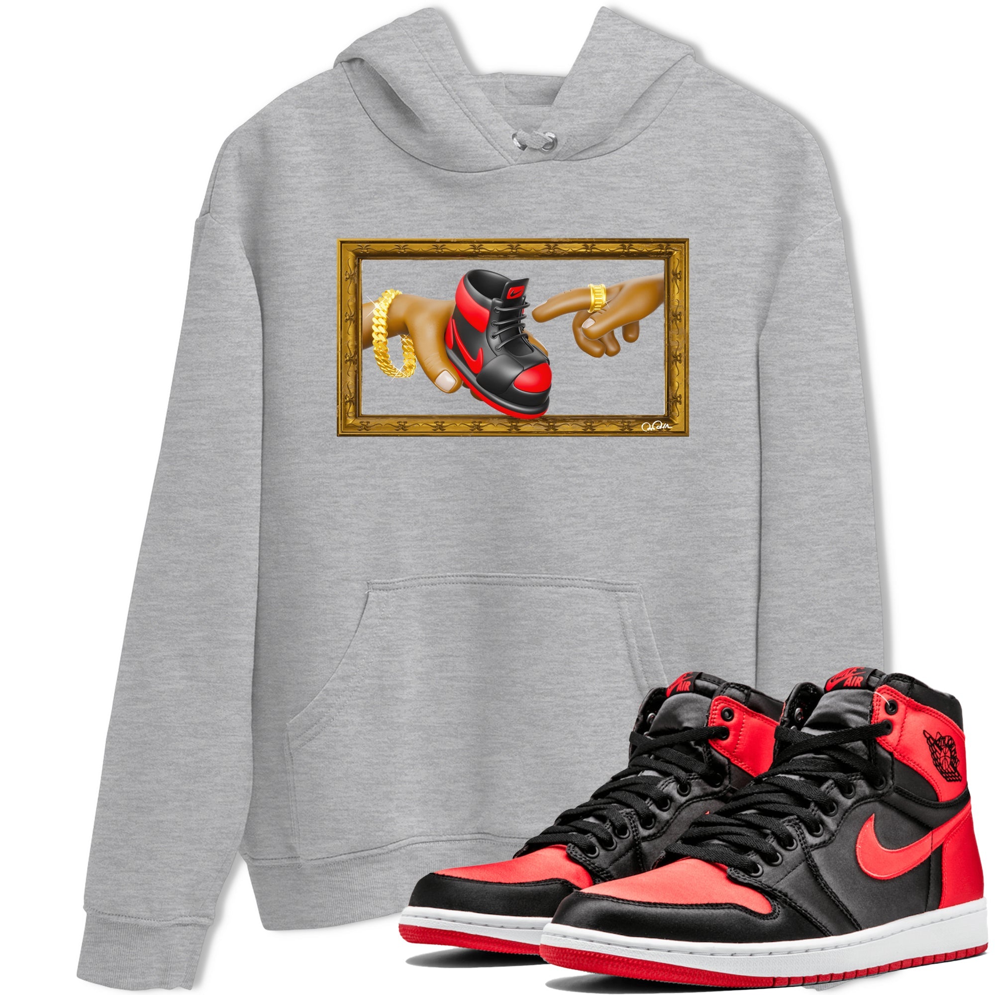Air Jordan 1 Satin Bred shirt to match jordans The Creation of Adam sneaker tees AJ1 Satin Bred Drip Gear Zone Unisex Heather Grey 1 T-Shirt