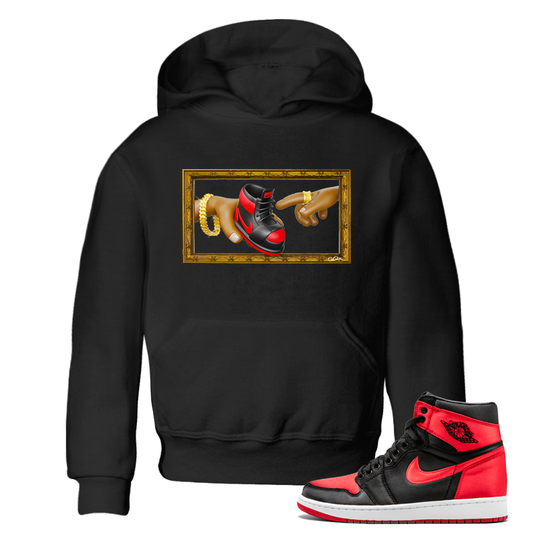 Air Jordan 1 Satin Bred shirt to match jordans The Creation of Adam sneaker tees AJ1 Satin Bred Drip Gear Zone Baby Toddler Black 1 T-Shirt