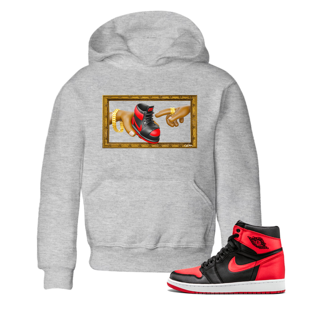 Air Jordan 1 Satin Bred shirt to match jordans The Creation of Adam sneaker tees AJ1 Satin Bred Drip Gear Zone Baby Toddler Heather Grey 1 T-Shirt