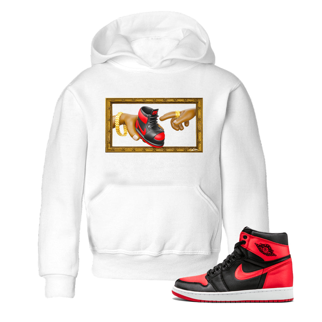 Air Jordan 1 Satin Bred shirt to match jordans The Creation of Adam sneaker tees AJ1 Satin Bred Drip Gear Zone Baby Toddler White 1 T-Shirt