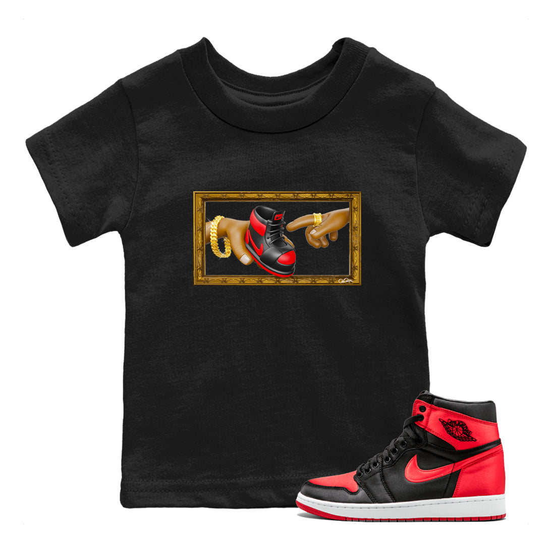 Air Jordan 1 Satin Bred shirt to match jordans The Creation of Adam sneaker tees AJ1 Satin Bred Drip Gear Zone Baby Toddler Black 1 T-Shirt