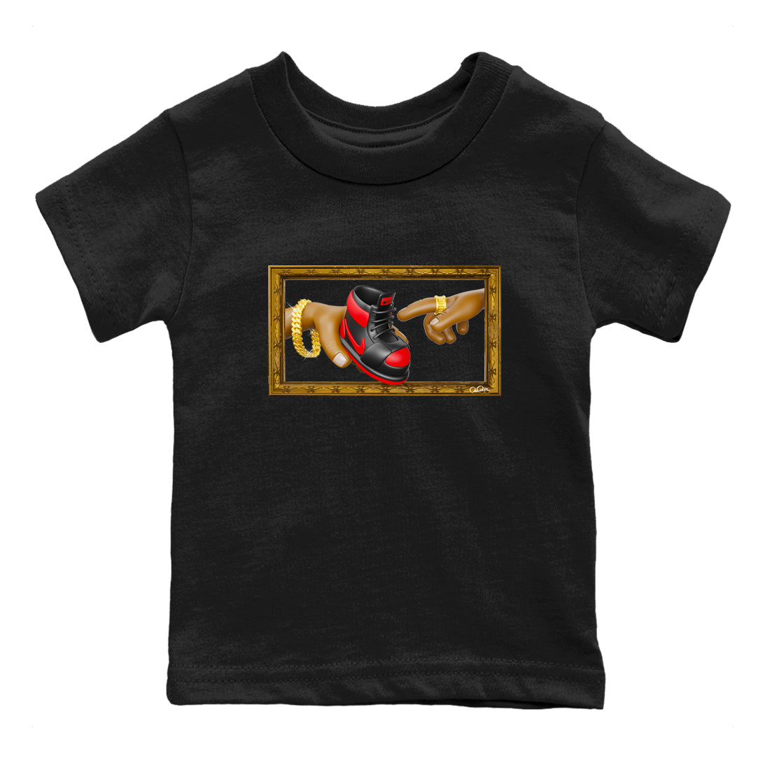Air Jordan 1 Satin Bred shirt to match jordans The Creation of Adam sneaker tees AJ1 Satin Bred Drip Gear Zone Baby Toddler Black 2 T-Shirt