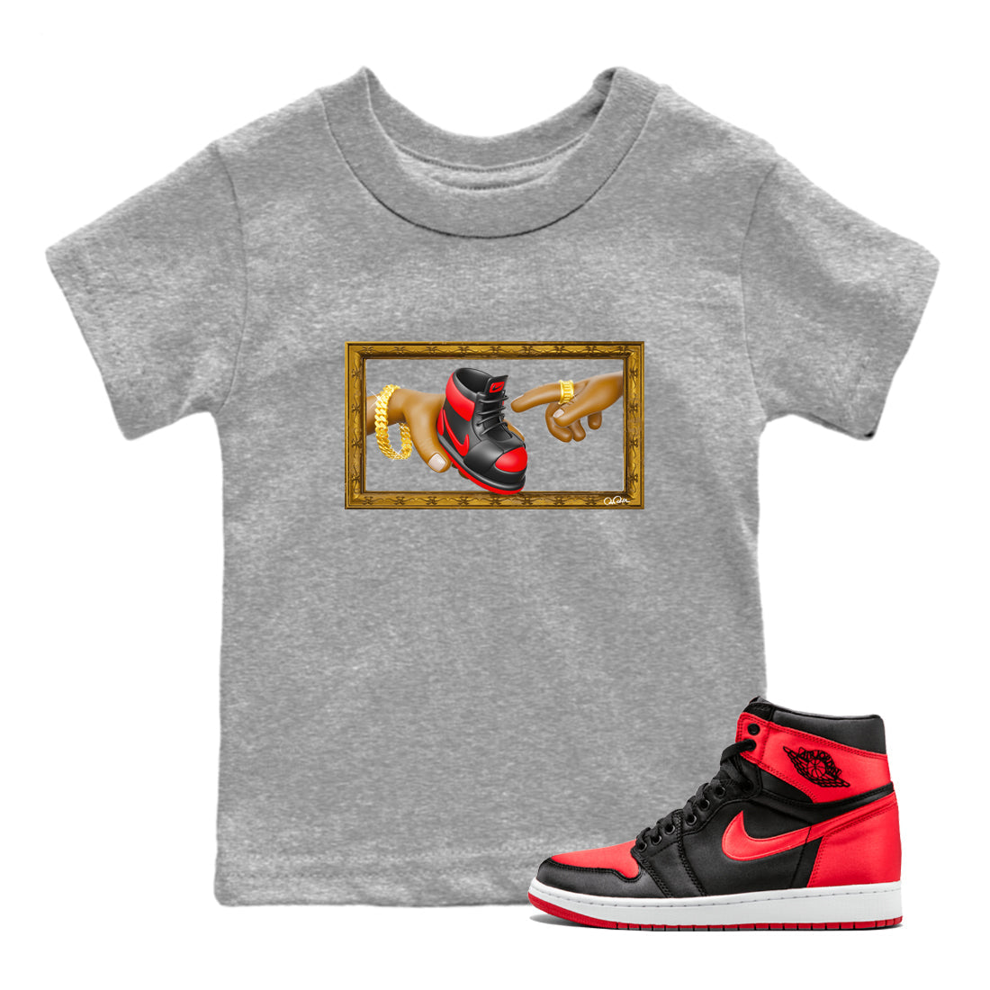 Air Jordan 1 Satin Bred shirt to match jordans The Creation of Adam sneaker tees AJ1 Satin Bred Drip Gear Zone Baby Toddler Heather Grey 1 T-Shirt