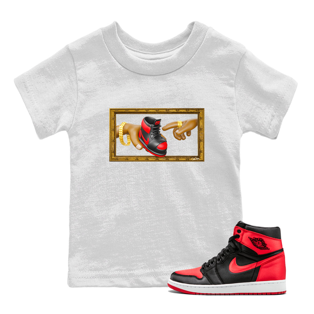 Air Jordan 1 Satin Bred shirt to match jordans The Creation of Adam sneaker tees AJ1 Satin Bred Drip Gear Zone Baby Toddler White 1 T-Shirt