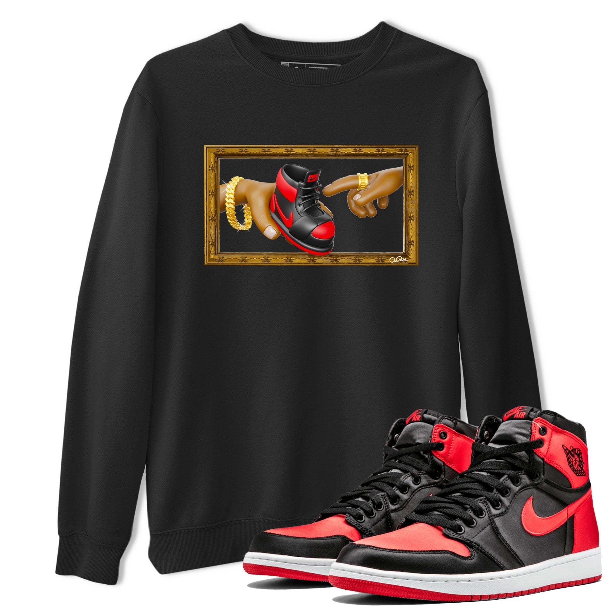 Air Jordan 1 Satin Bred shirt to match jordans The Creation of Adam sneaker tees AJ1 Satin Bred Drip Gear Zone Unisex Black 1 T-Shirt