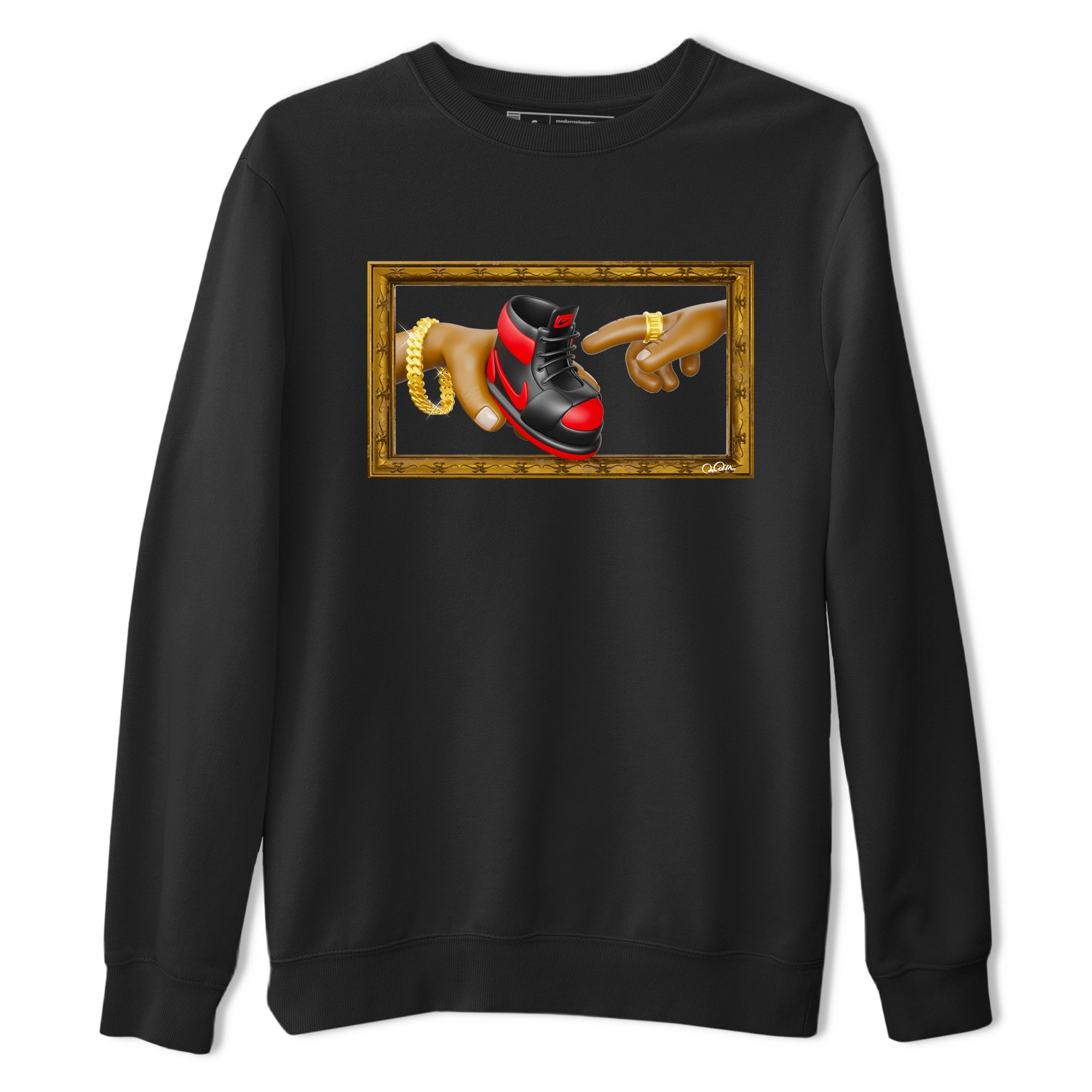 Air Jordan 1 Satin Bred shirt to match jordans The Creation of Adam sneaker tees AJ1 Satin Bred Drip Gear Zone Unisex Black 2 T-Shirt