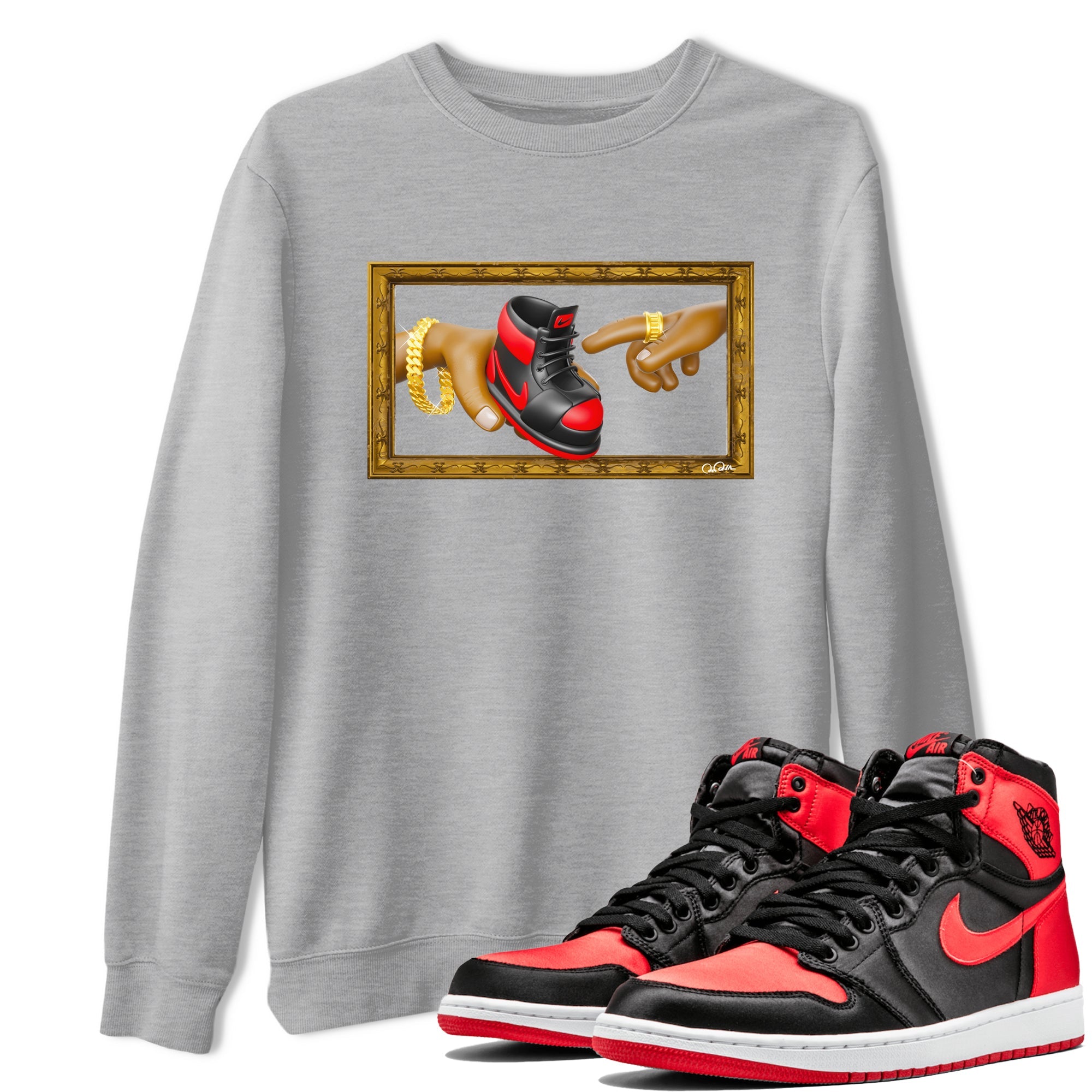 Air Jordan 1 Satin Bred shirt to match jordans The Creation of Adam sneaker tees AJ1 Satin Bred Drip Gear Zone Unisex Heather Grey 1 T-Shirt