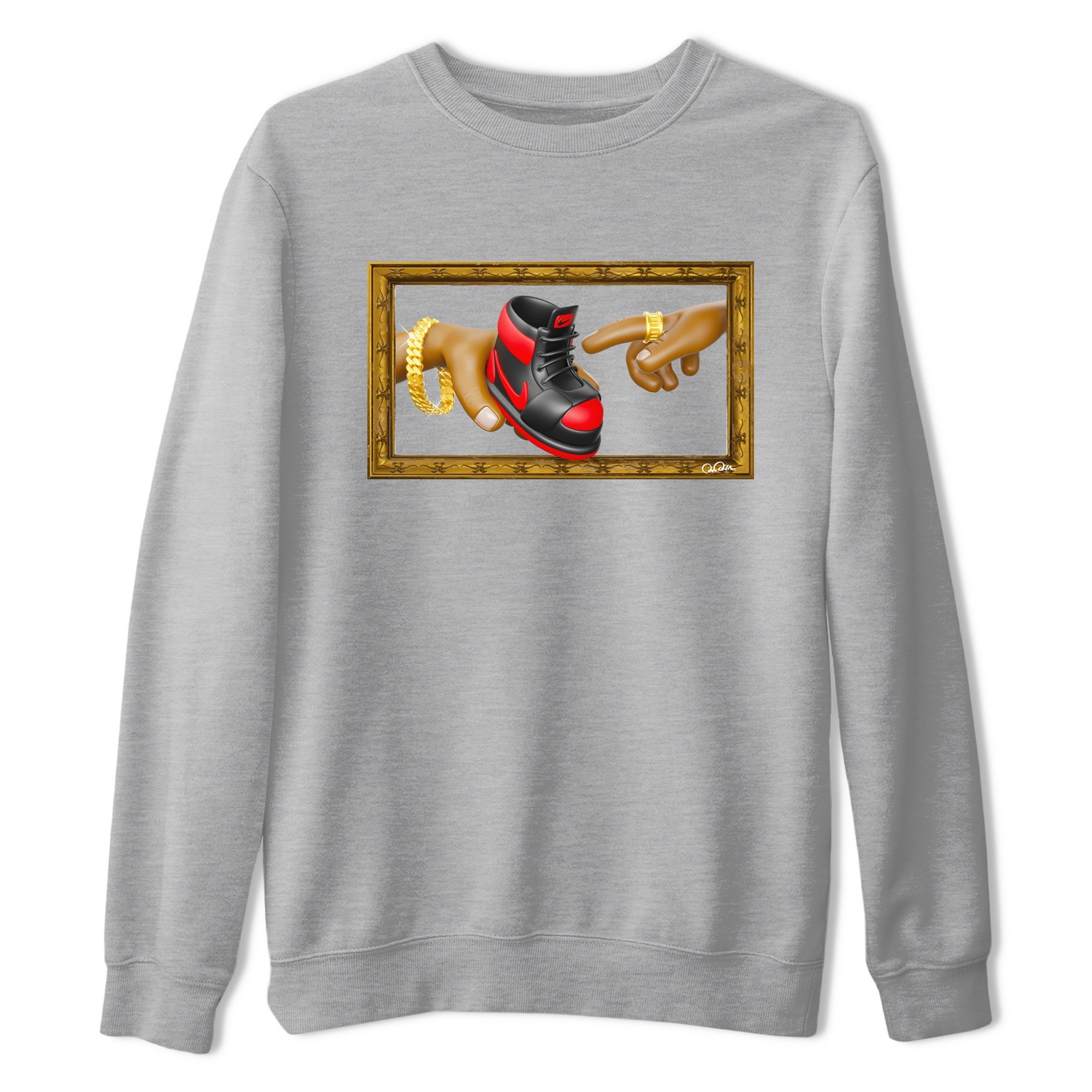Air Jordan 1 Satin Bred shirt to match jordans The Creation of Adam sneaker tees AJ1 Satin Bred Drip Gear Zone Unisex Heather Grey 2 T-Shirt