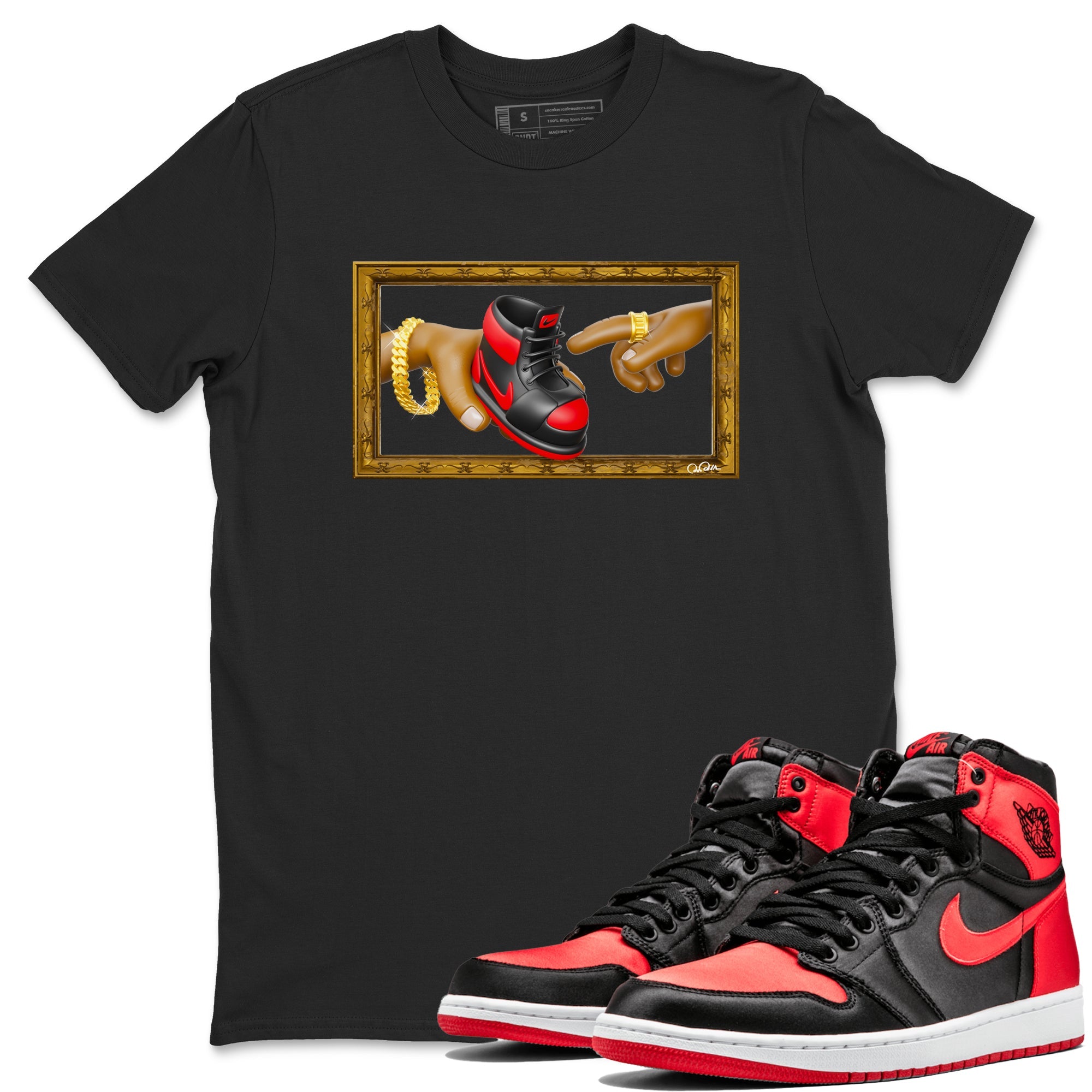 Air Jordan 1 Satin Bred shirt to match jordans The Creation of Adam sneaker tees AJ1 Satin Bred Drip Gear Zone Unisex Black 1 T-Shirt