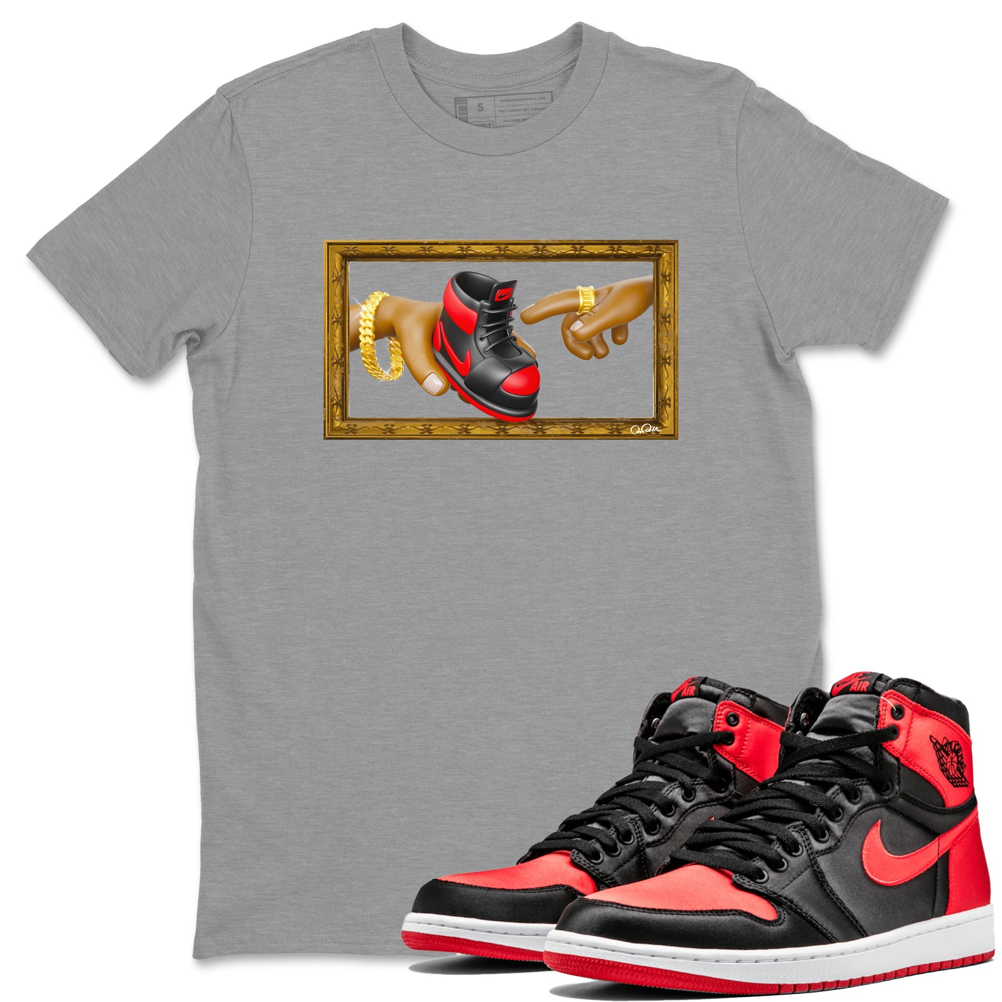 Air Jordan 1 Satin Bred shirt to match jordans The Creation of Adam sneaker tees AJ1 Satin Bred Drip Gear Zone Unisex Heather Grey 1 T-Shirt
