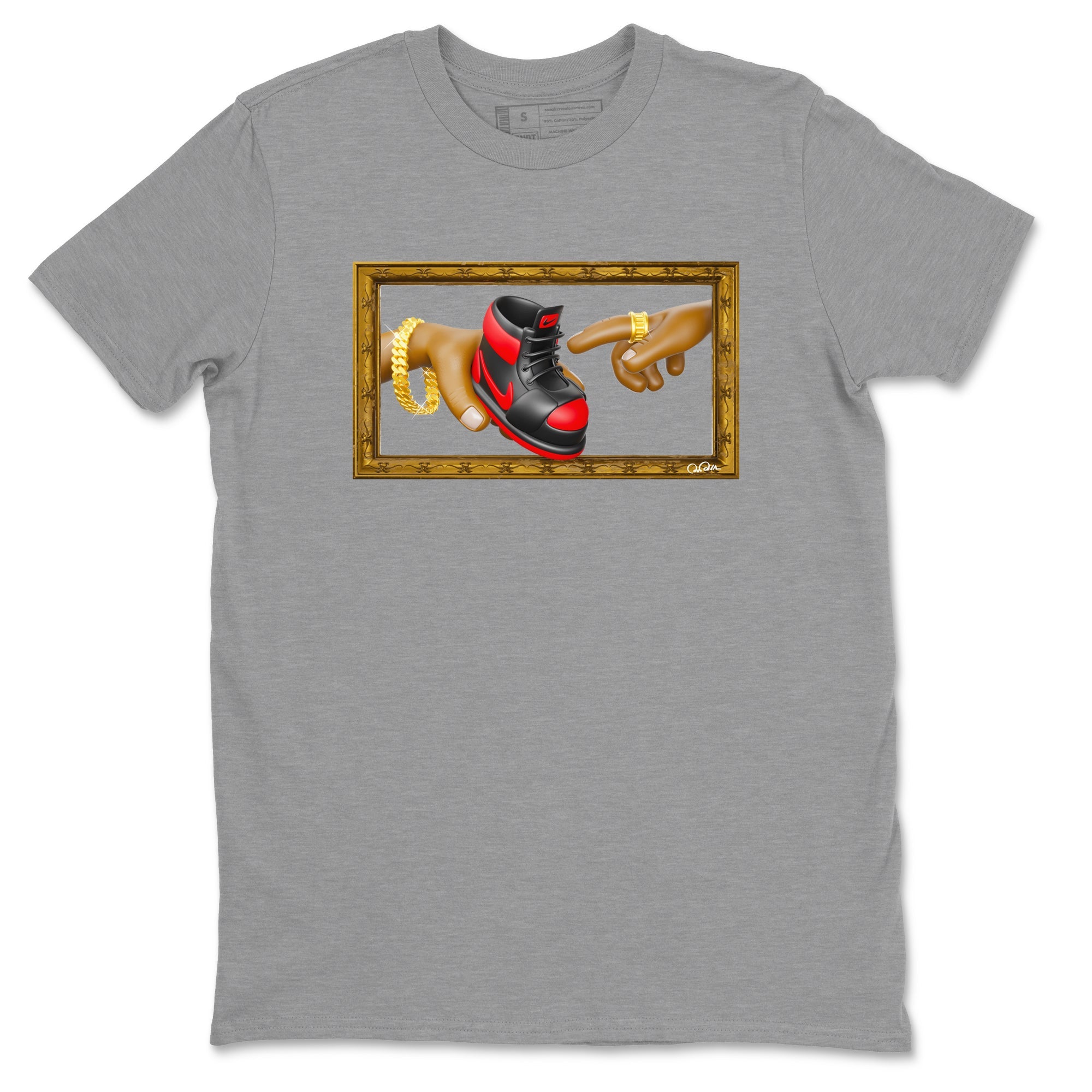 Air Jordan 1 Satin Bred shirt to match jordans The Creation of Adam sneaker tees AJ1 Satin Bred Drip Gear Zone Unisex Heather Grey 2 T-Shirt