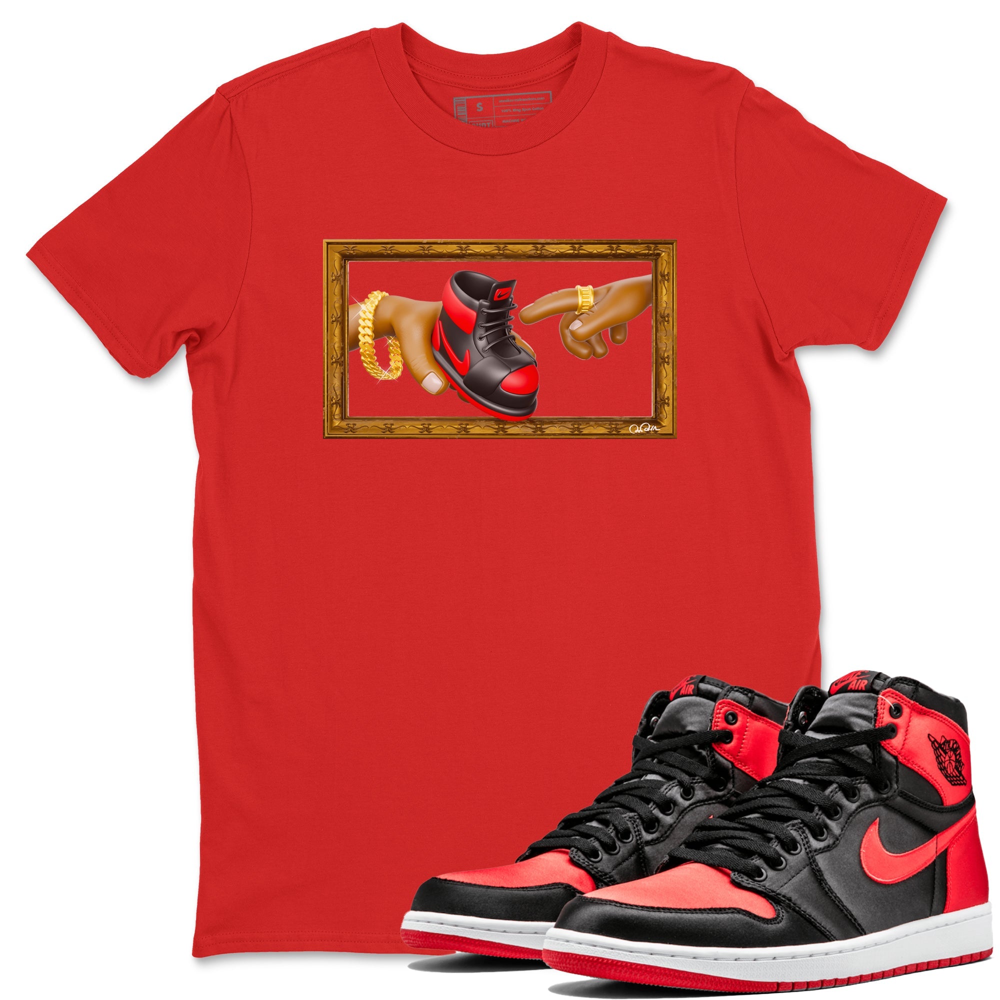 Air Jordan 1 Satin Bred shirt to match jordans The Creation of Adam sneaker tees AJ1 Satin Bred Drip Gear Zone Unisex Red 1 T-Shirt