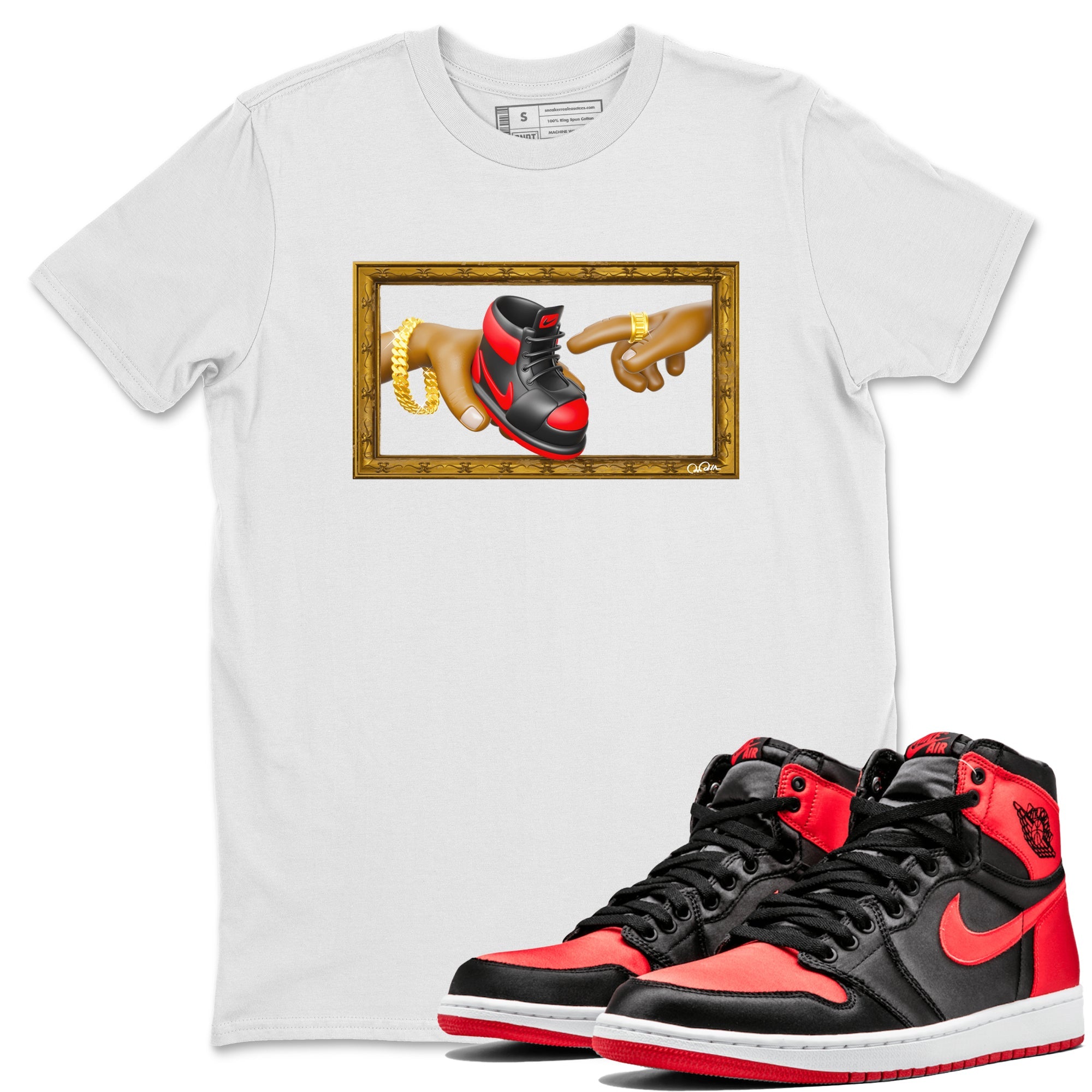 Air Jordan 1 Satin Bred shirt to match jordans The Creation of Adam sneaker tees AJ1 Satin Bred Drip Gear Zone Unisex White 1 T-Shirt