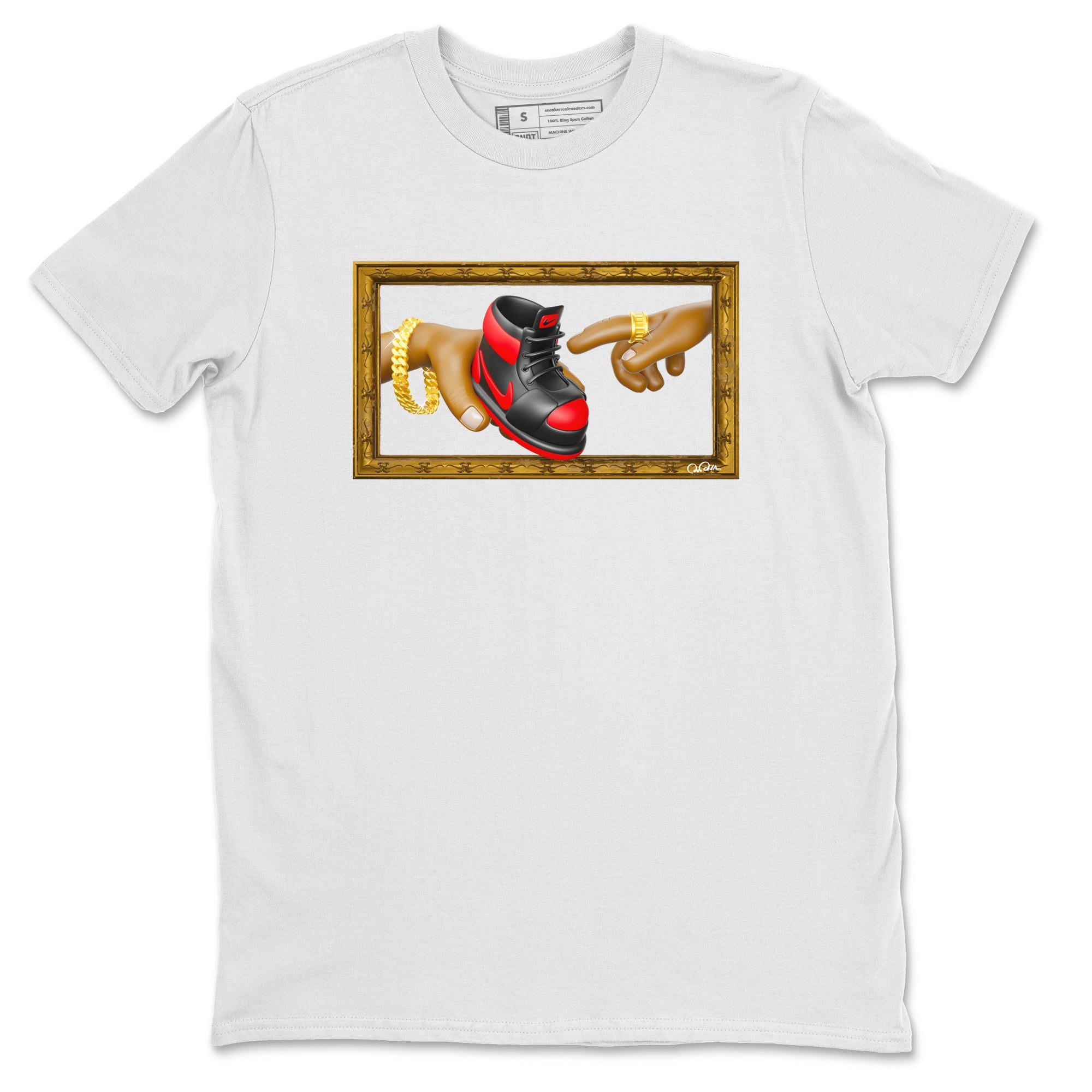 Air Jordan 1 Satin Bred shirt to match jordans The Creation of Adam sneaker tees AJ1 Satin Bred Drip Gear Zone Unisex White 2 T-Shirt