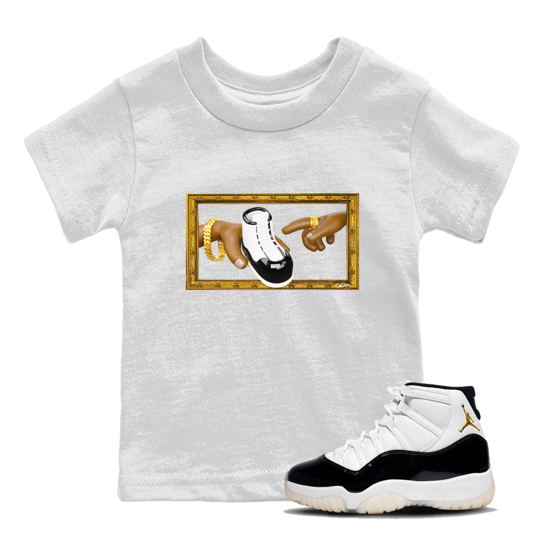 Air Jordan 11 Gratitude shirt to match jordans The Creation Of Adam sneaker tees AJ11 Gratitude Drip Gear Zone Baby Toddler White 1 T-Shirt