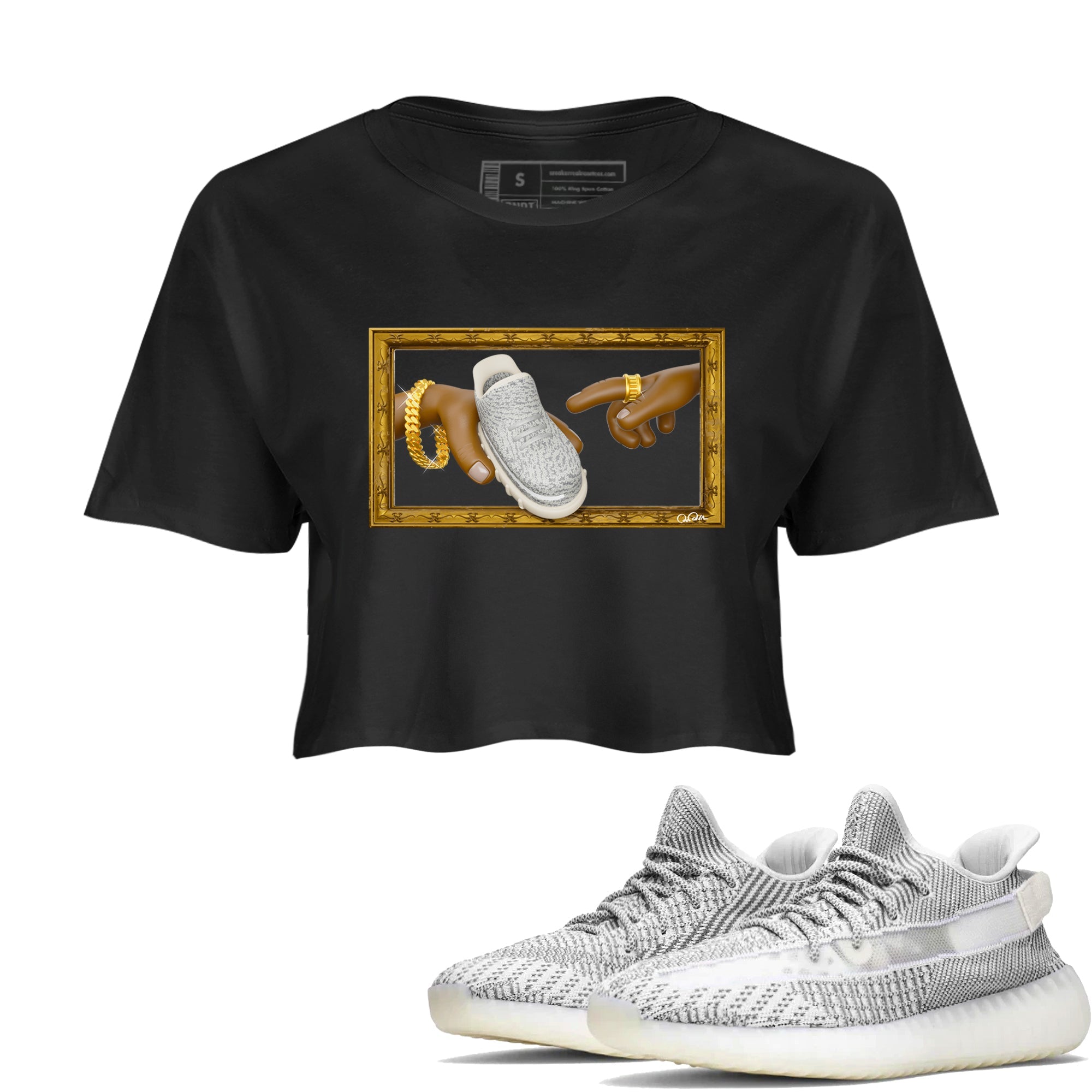 Yeezy 350 Static shirt to match jordans The Creation Of Adam sneaker tees Adidas Yeezy 350 Static Drip Gear Zone Black 1 Crop T-Shirt