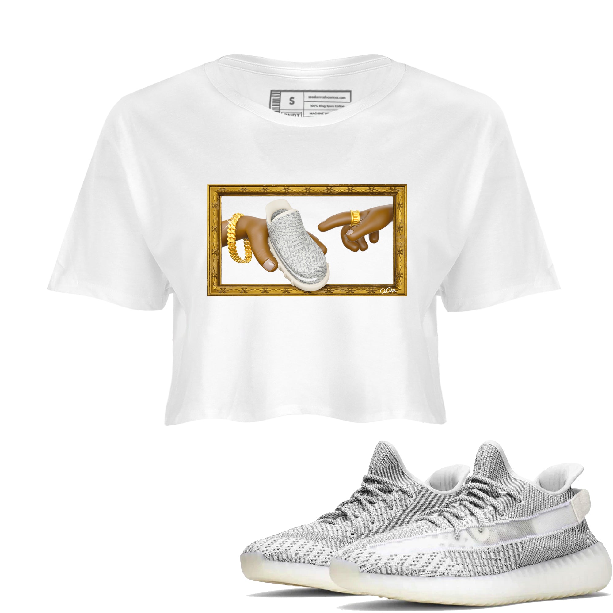 Yeezy 350 Static shirt to match jordans The Creation Of Adam sneaker tees Adidas Yeezy 350 Static Drip Gear Zone White 1 Crop T-Shirt
