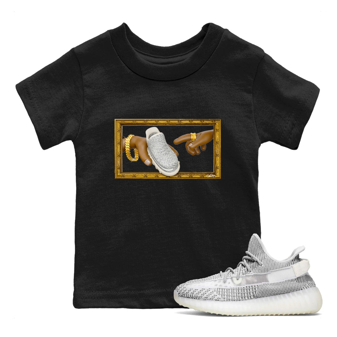 Yeezy 350 Static shirt to match jordans The Creation Of Adam sneaker tees Adidas Yeezy 350 Static Drip Gear Zone Baby Toddler Black 1 T-Shirt