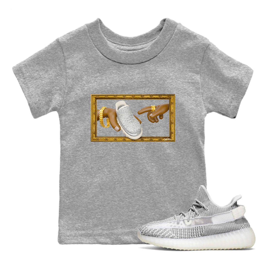 Yeezy 350 Static shirt to match jordans The Creation Of Adam sneaker tees Adidas Yeezy 350 Static Drip Gear Zone Baby Toddler Heather Grey 1 T-Shirt