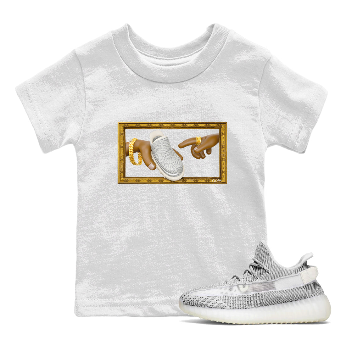 Yeezy 350 Static shirt to match jordans The Creation Of Adam sneaker tees Adidas Yeezy 350 Static Drip Gear Zone Baby Toddler White 1 T-Shirt
