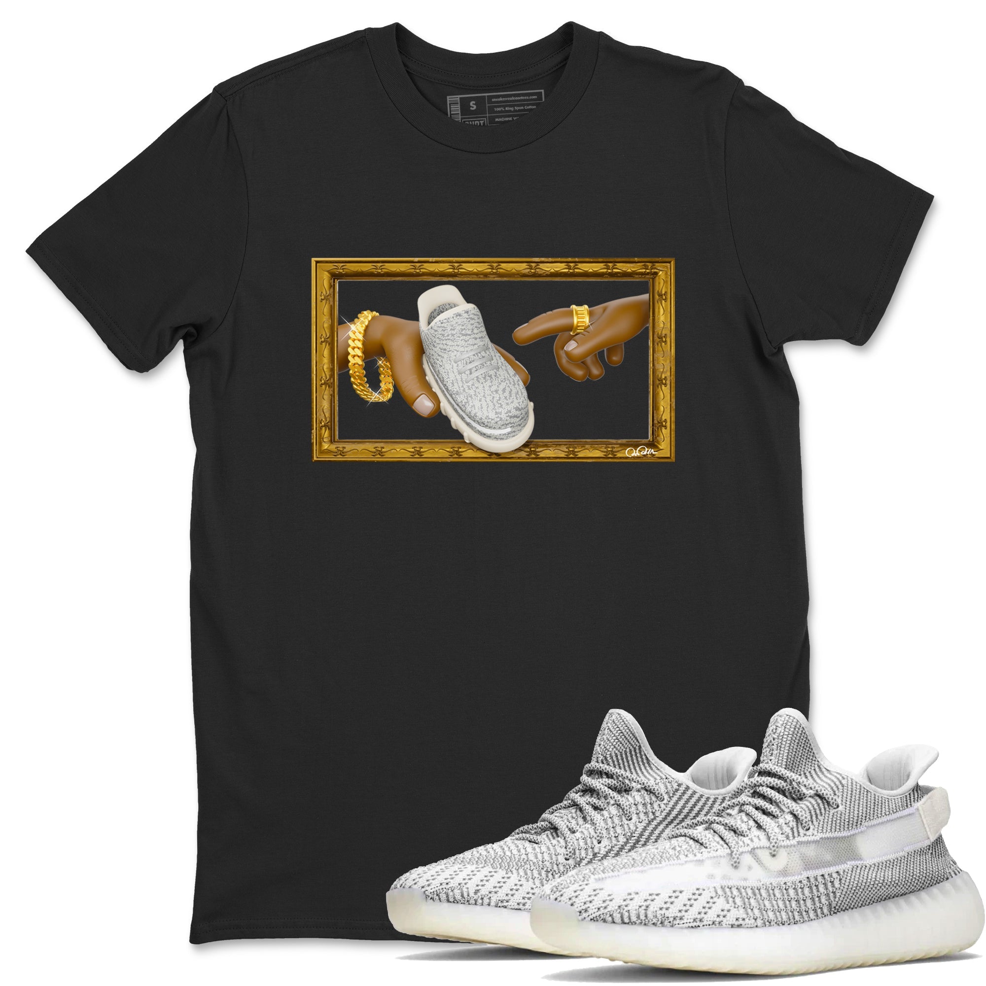 Yeezy 350 Static shirt to match jordans The Creation Of Adam sneaker tees Adidas Yeezy 350 Static Drip Gear Zone Unisex Black 1 T-Shirt