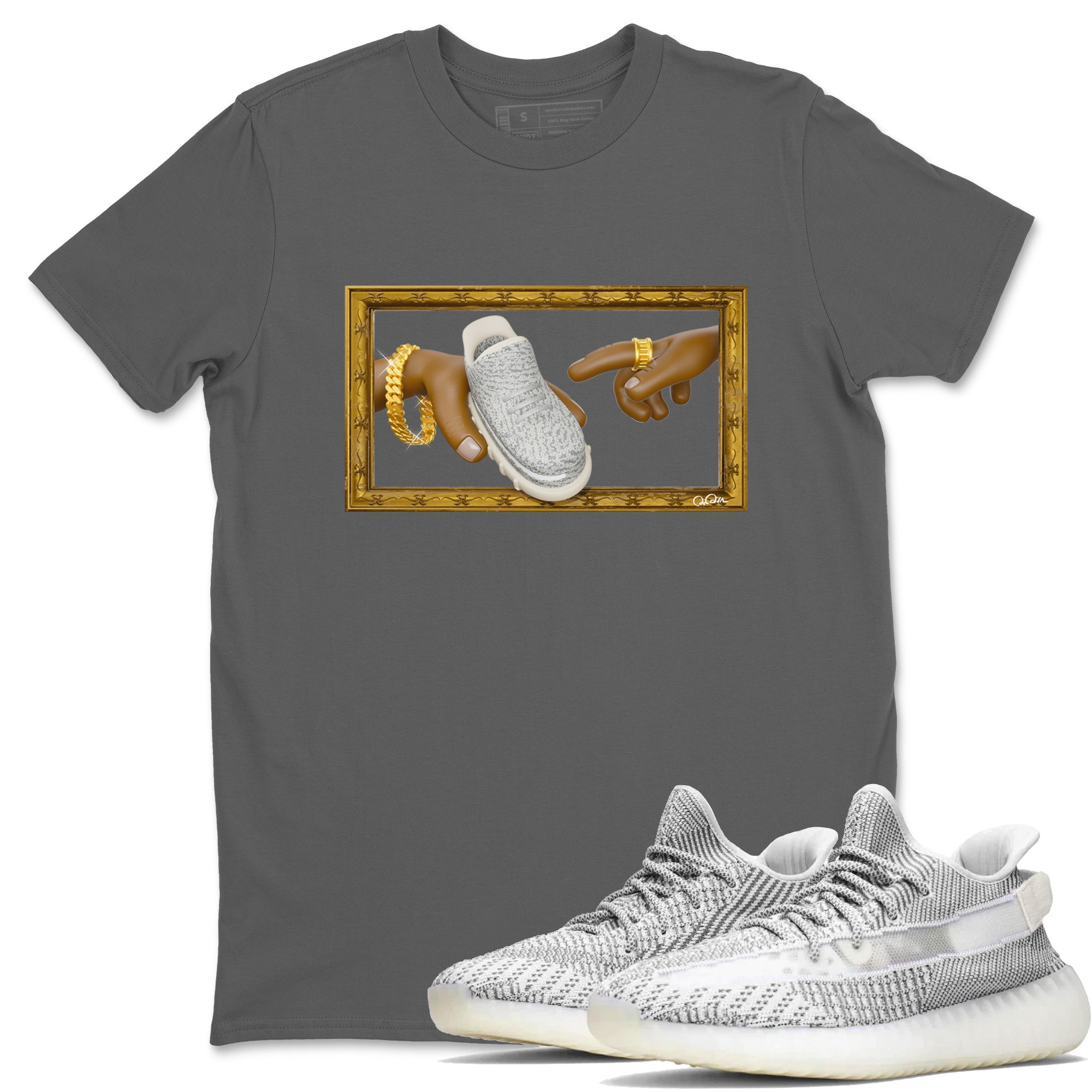 Yeezy 350 Static shirt to match jordans The Creation Of Adam sneaker tees Adidas Yeezy 350 Static Drip Gear Zone Unisex Cool Grey 1 T-Shirt