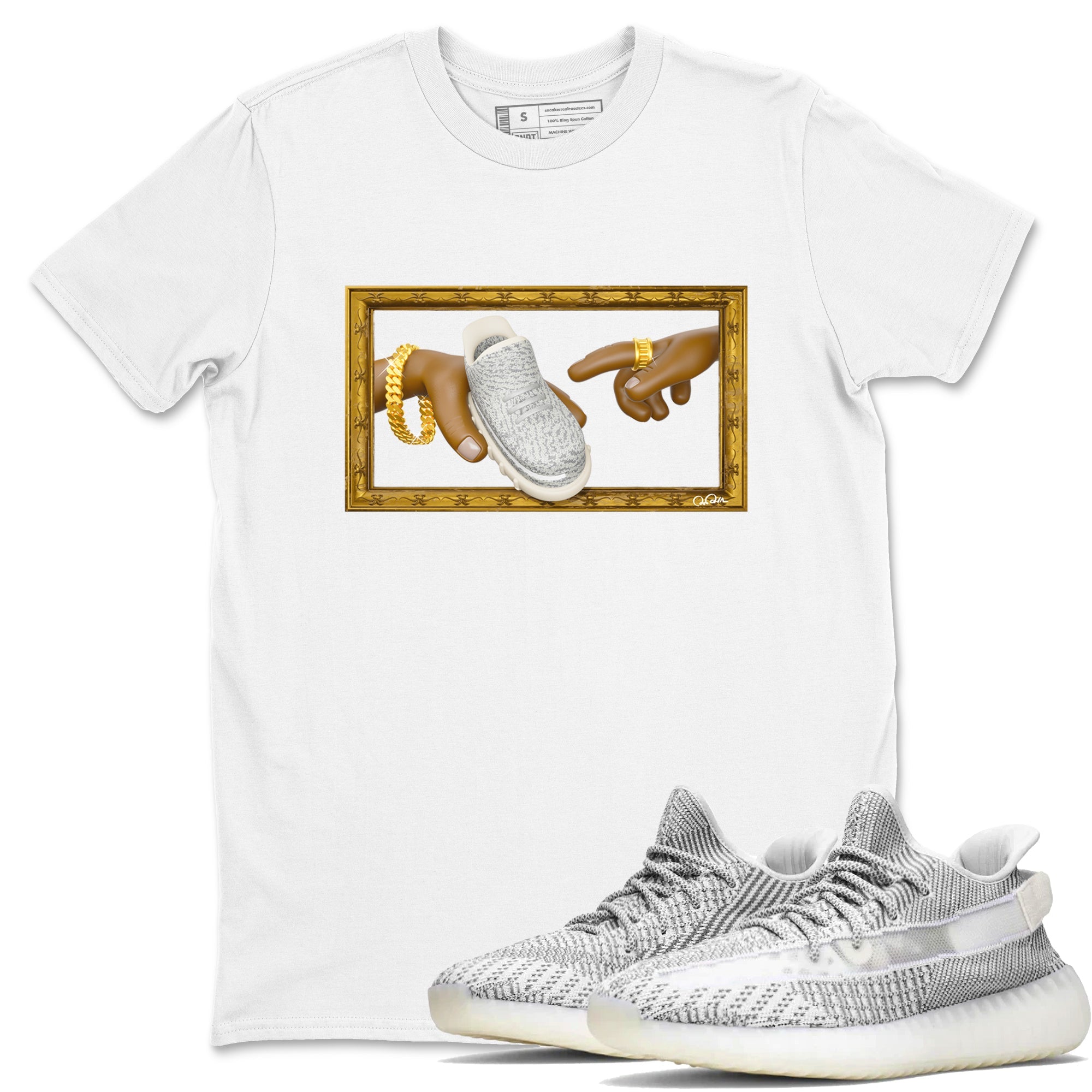 Yeezy 350 Static shirt to match jordans The Creation Of Adam sneaker tees Adidas Yeezy 350 Static Drip Gear Zone Unisex White 1 T-Shirt