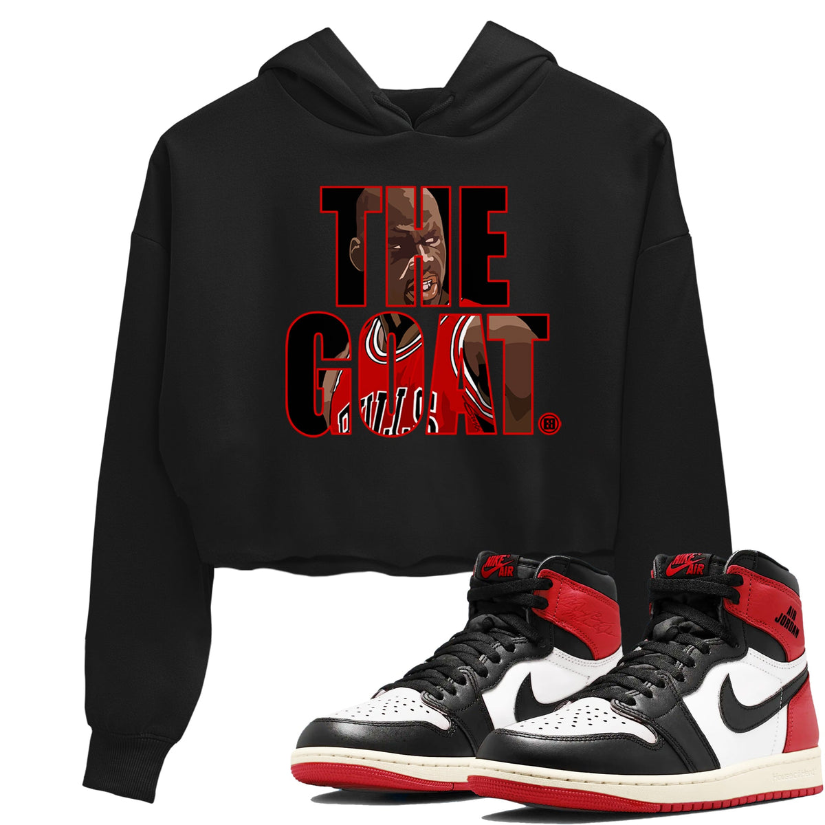 1s Black Toe Reimagined shirts to match jordans The Goat sneaker match tees Air Jordan 1 Black Toe Reimagined match shoes to clothes Drip Gear Zone unisex cotton Black 1 crop tee