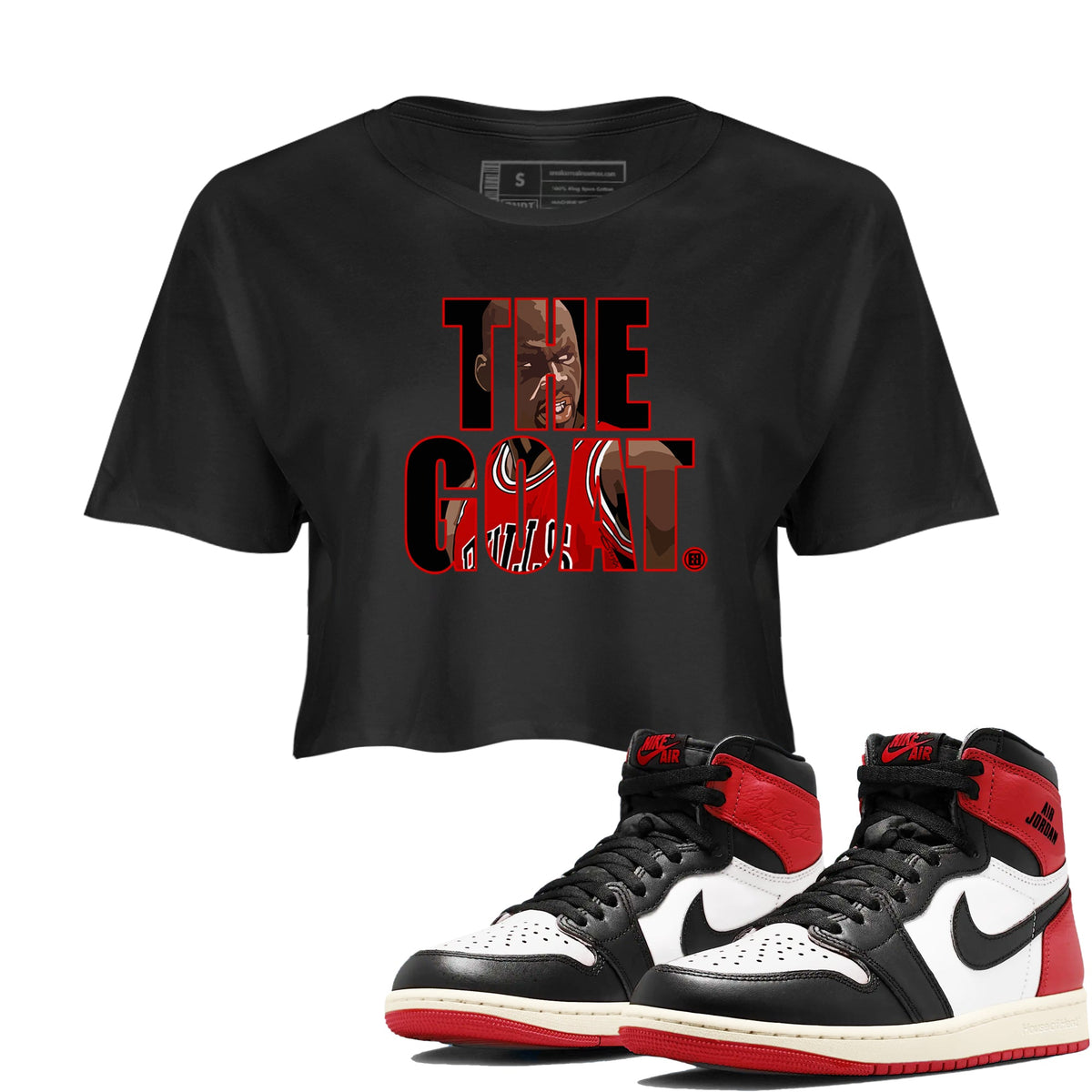 1s Black Toe Reimagined shirts to match jordans The Goat sneaker match tees Air Jordan 1 Black Toe Reimagined match shoes to clothes Drip Gear Zone unisex cotton Black 1 crop tee