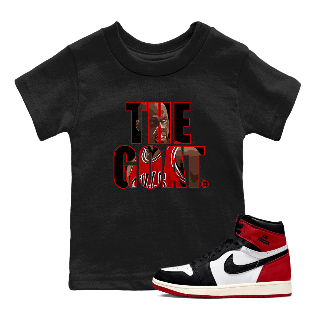 1s Black Toe Reimagined shirts to match jordans The Goat sneaker match tees Air Jordan 1 Black Toe Reimagined match shoes to clothes Drip Gear Zone Youth Baby Black 1 tee