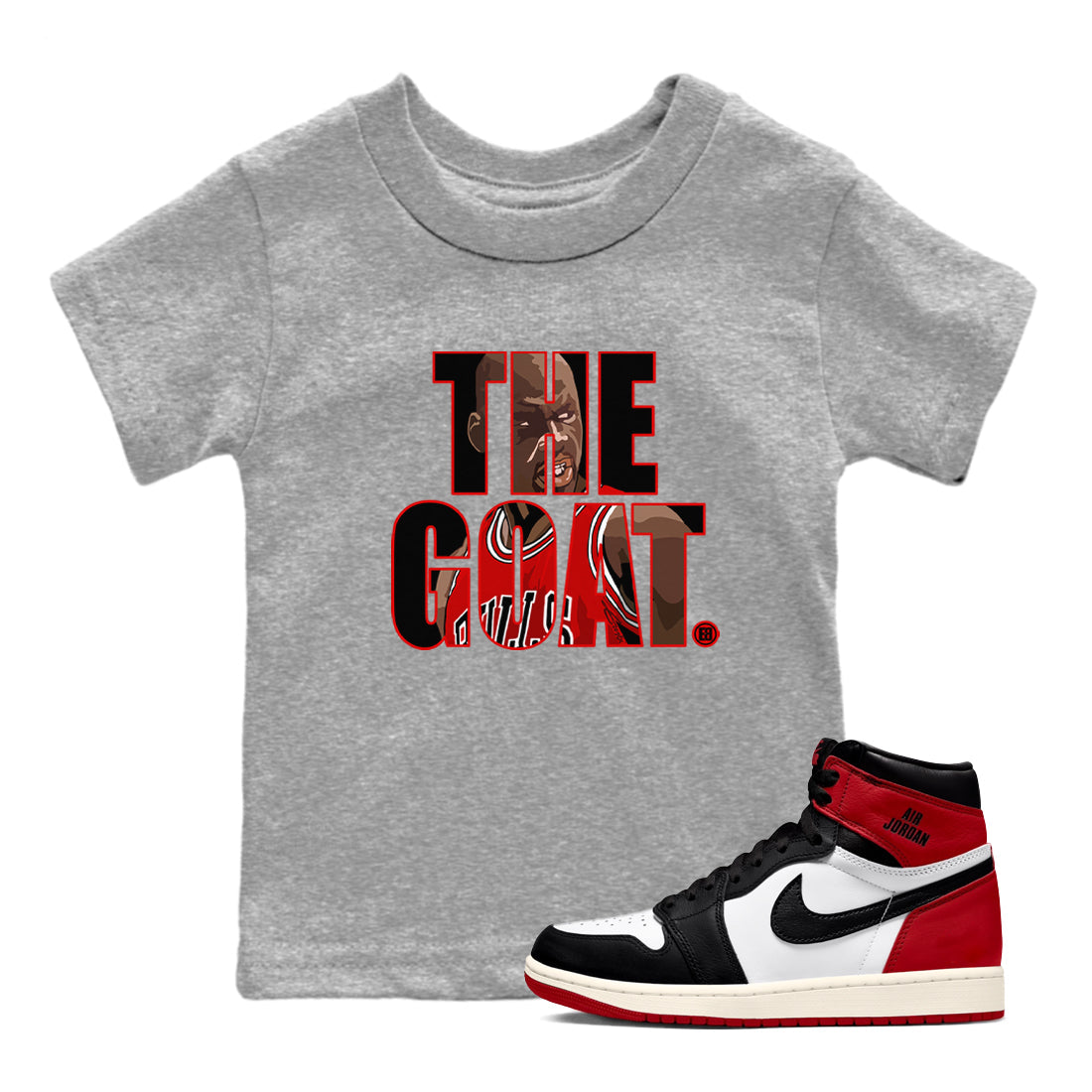 1s Black Toe Reimagined shirts to match jordans The Goat sneaker match tees Air Jordan 1 Black Toe Reimagined match shoes to clothes Drip Gear Zone Youth Baby Heather Grey 1 tee