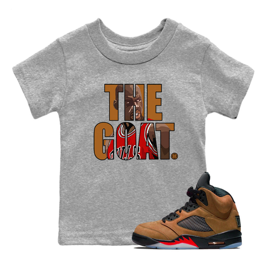 5s Archaeo Brown shirts to match jordans The Goat sneaker match tees Air Jordan 5 Archaeo Brown match shoes to clothes Drip Gear Zone Youth Baby Heather Grey 1 tee