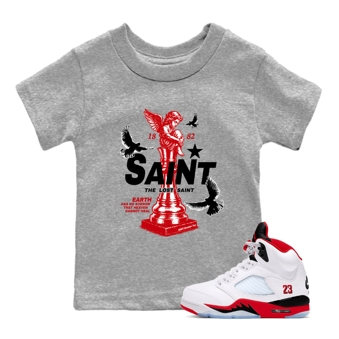 5s Fire Red Sneaker match tees  Sneaker Tees To Match Jordan 5 Retro Fire Red Sneakers  The Lost Saint Kids Graphic T-Shirt Heather Grey 1