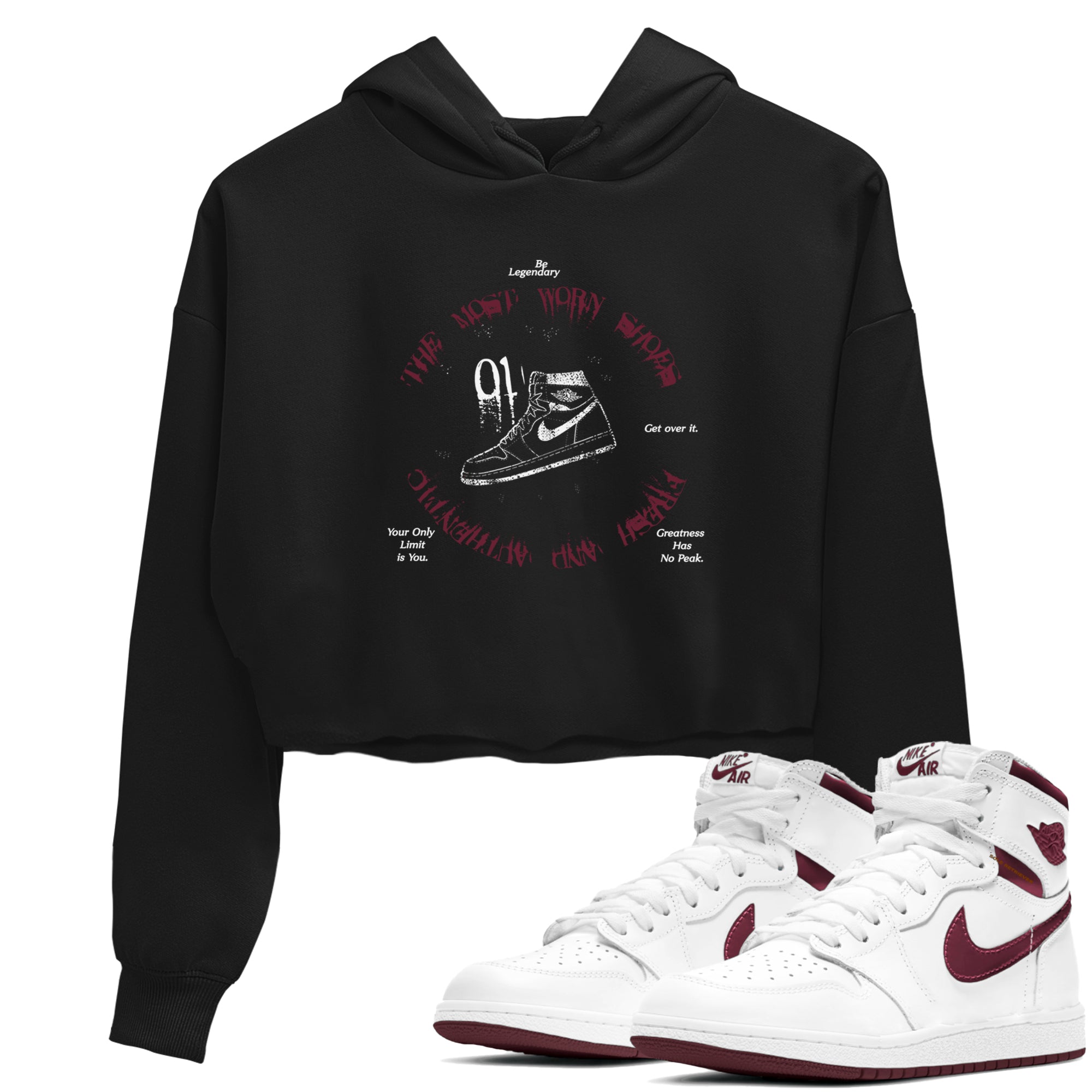 1s Metallic Burgundy shirts to match jordans The Most Worn Shoes sneaker match tees Jordan 1 Retro High '85 OG Metallic Burgundy Drip Gear Zone streetwear brand Black 1 crop tee
